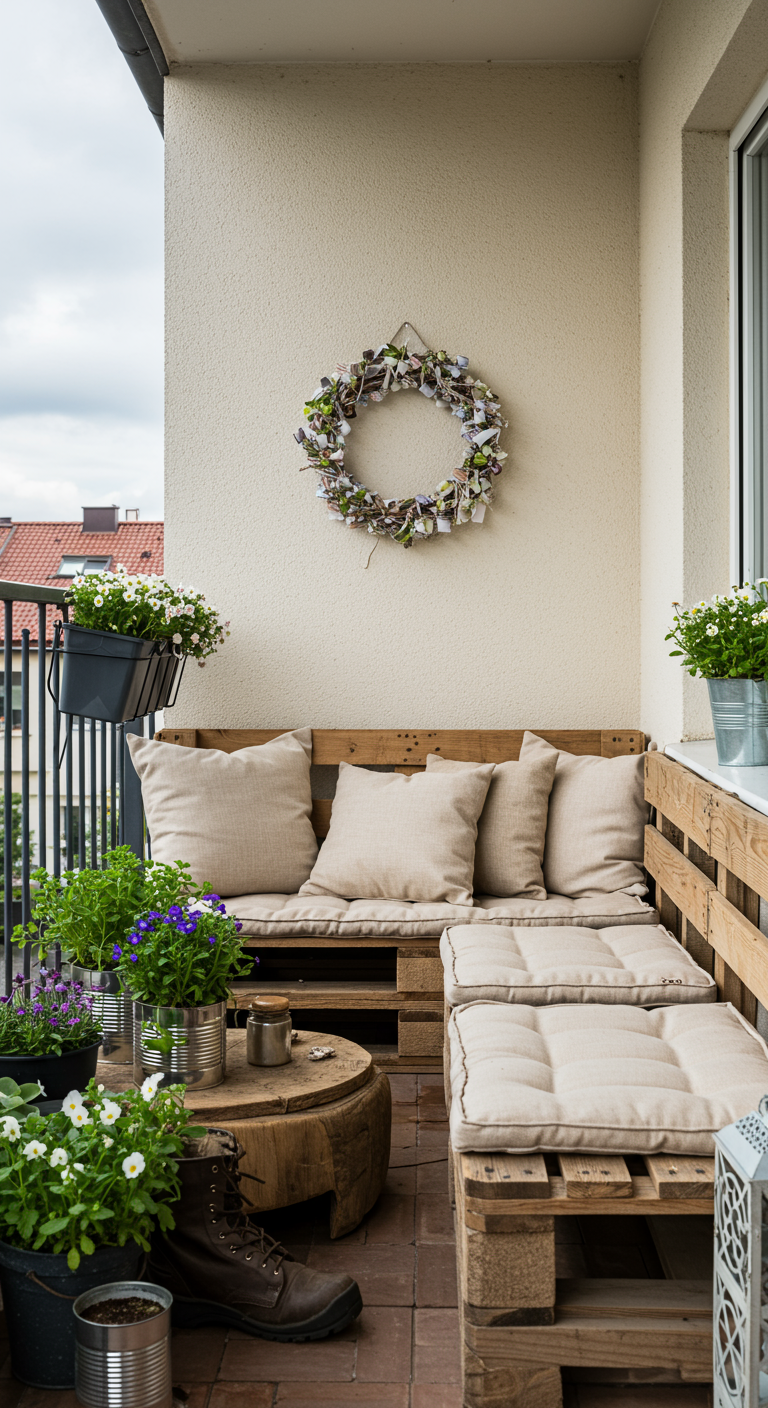 Balkon mit Palettenmöbeln, beigen Polstern und kleinem Trockenblumenkranz.