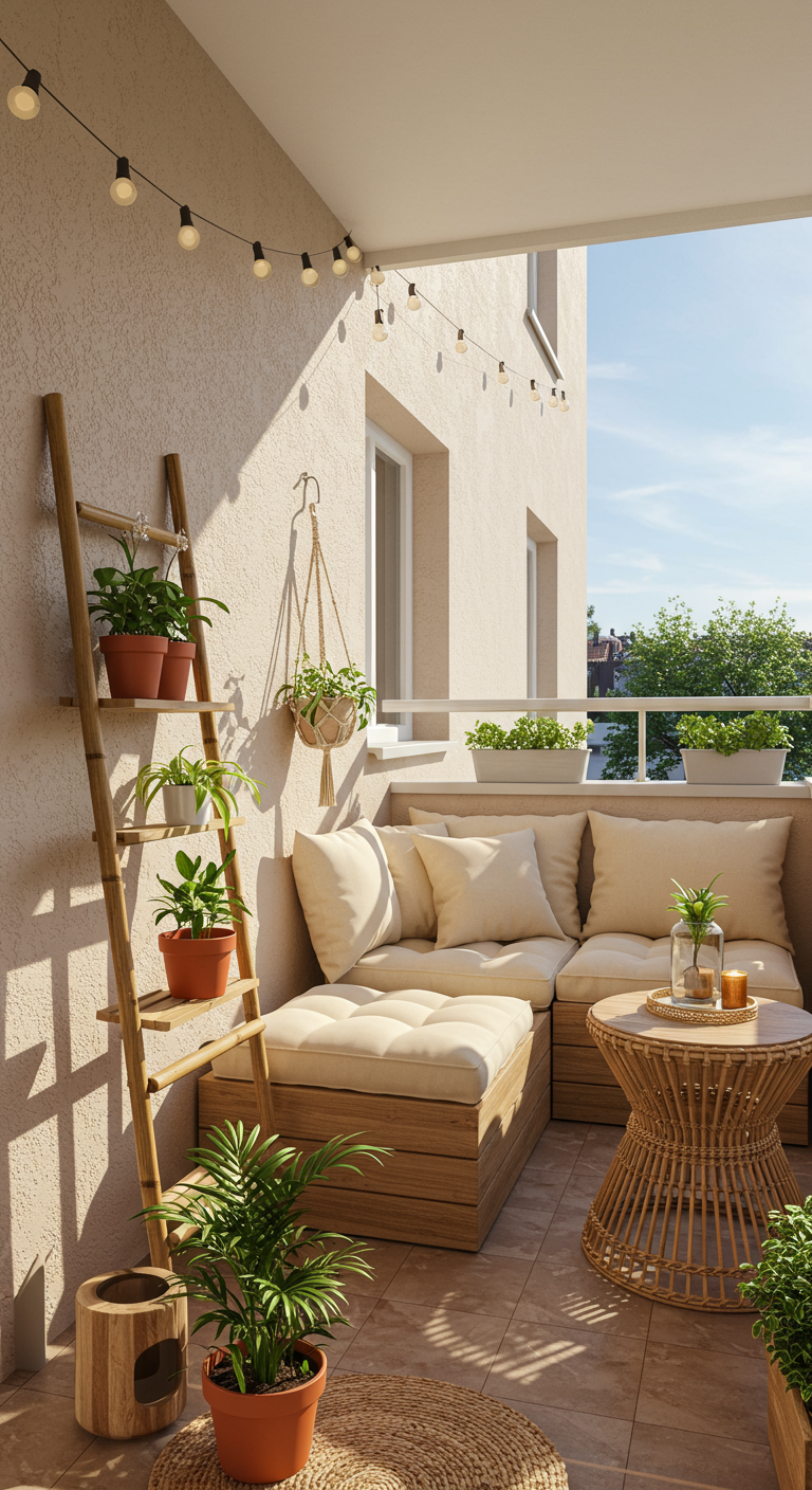 Balkon mit L-förmiger Holzbank, Rattan-Couchtisch und einer Bambusleiter als Pflanzenregal.