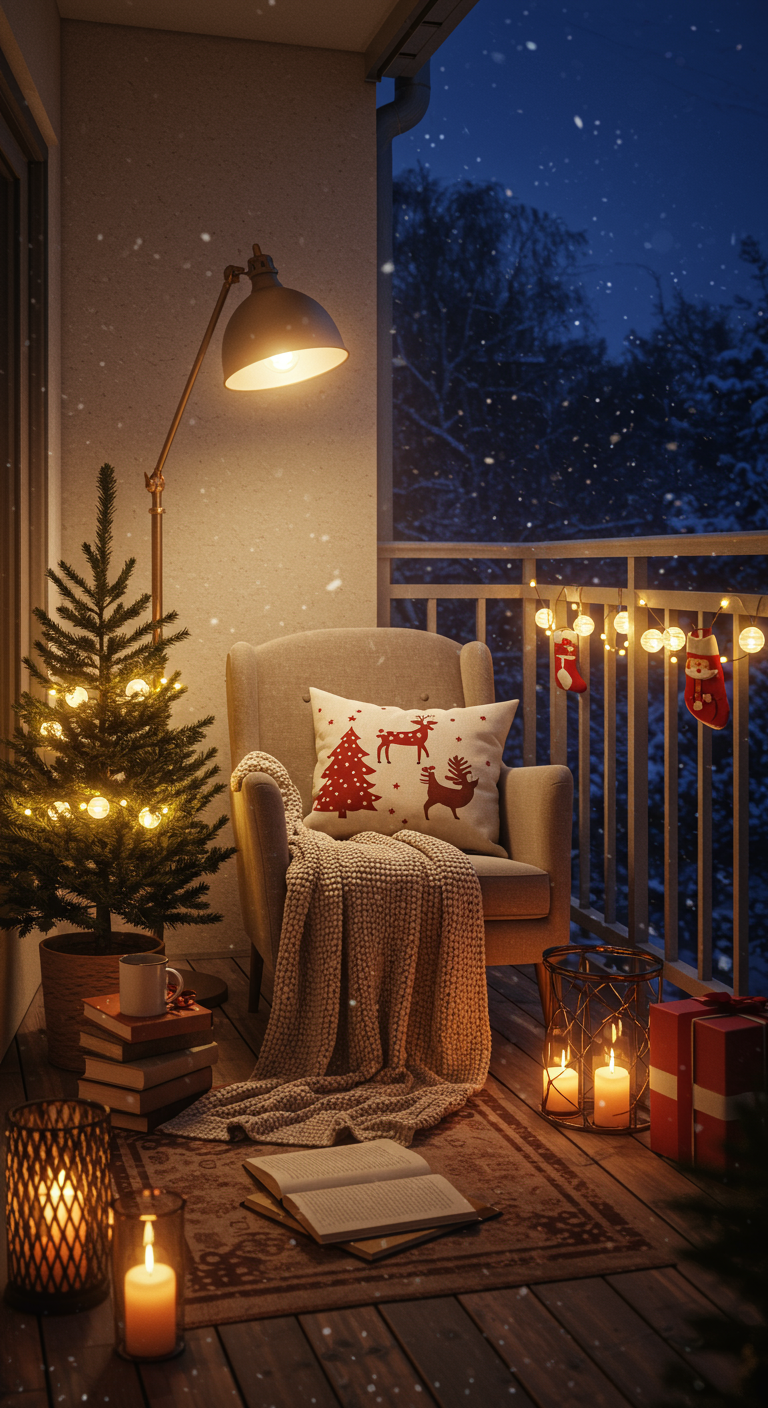 Gemütliche Leseecke auf dem Balkon mit Sessel, Weihnachtsbaum, Decke und Laternen.