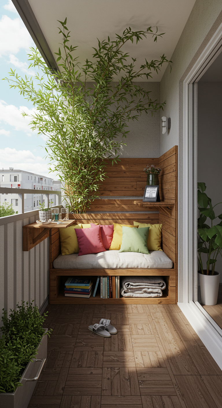 Kleine Balkon-Leseecke mit bunter Holzbank, Klapptisch und Bambuspflanze.