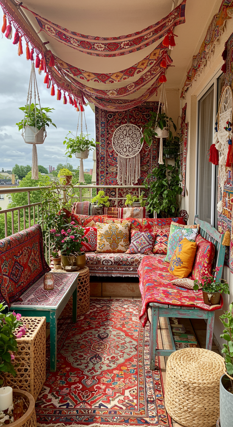 Farbenfroher, maximalistischer Boho-Balkon mit vielen Textilien, Kissen und Hängepflanzen.