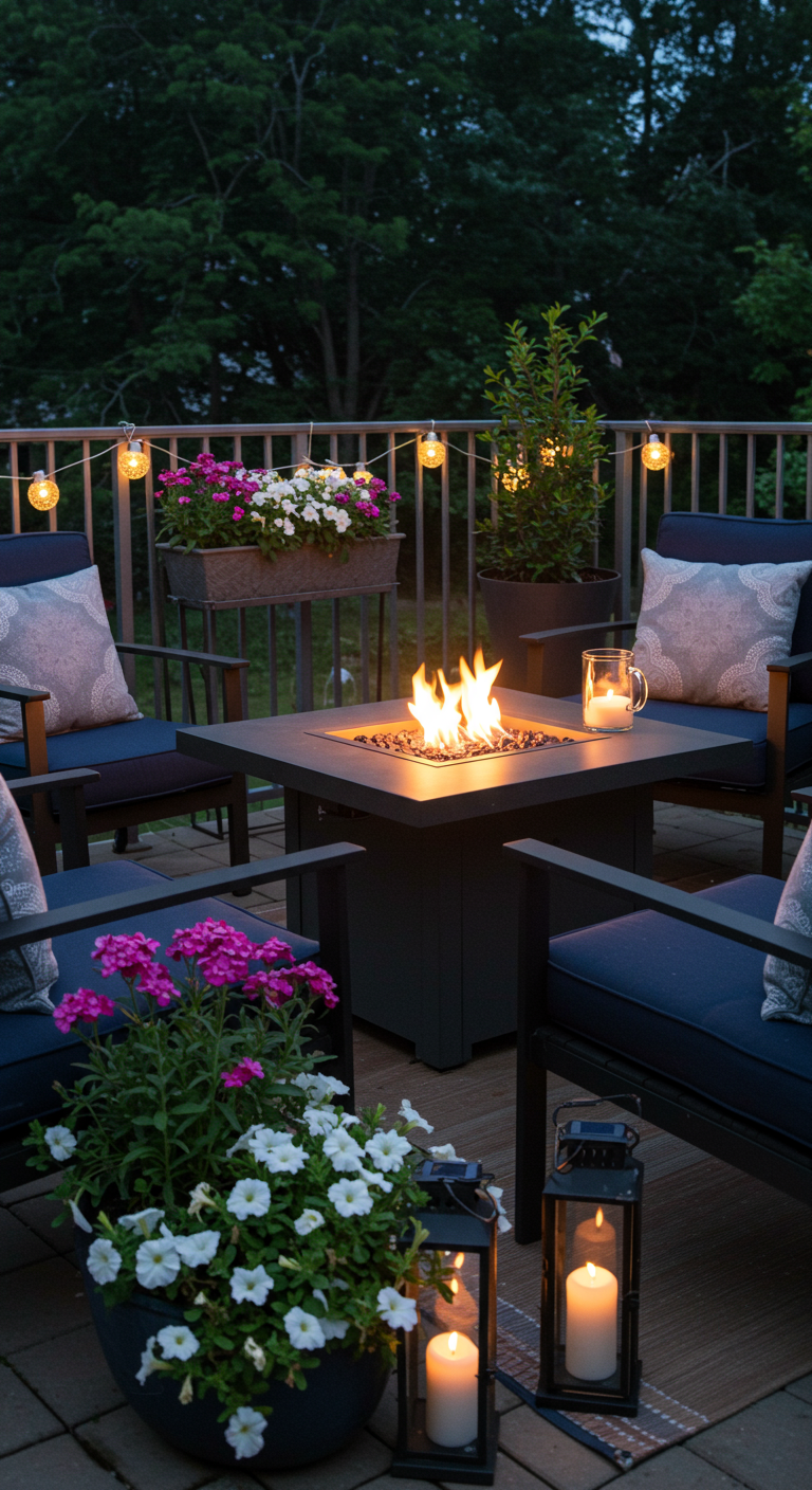 Balkon mit Feuertisch, Sesseln, Lichterketten und Blumen in der Abenddämmerung.