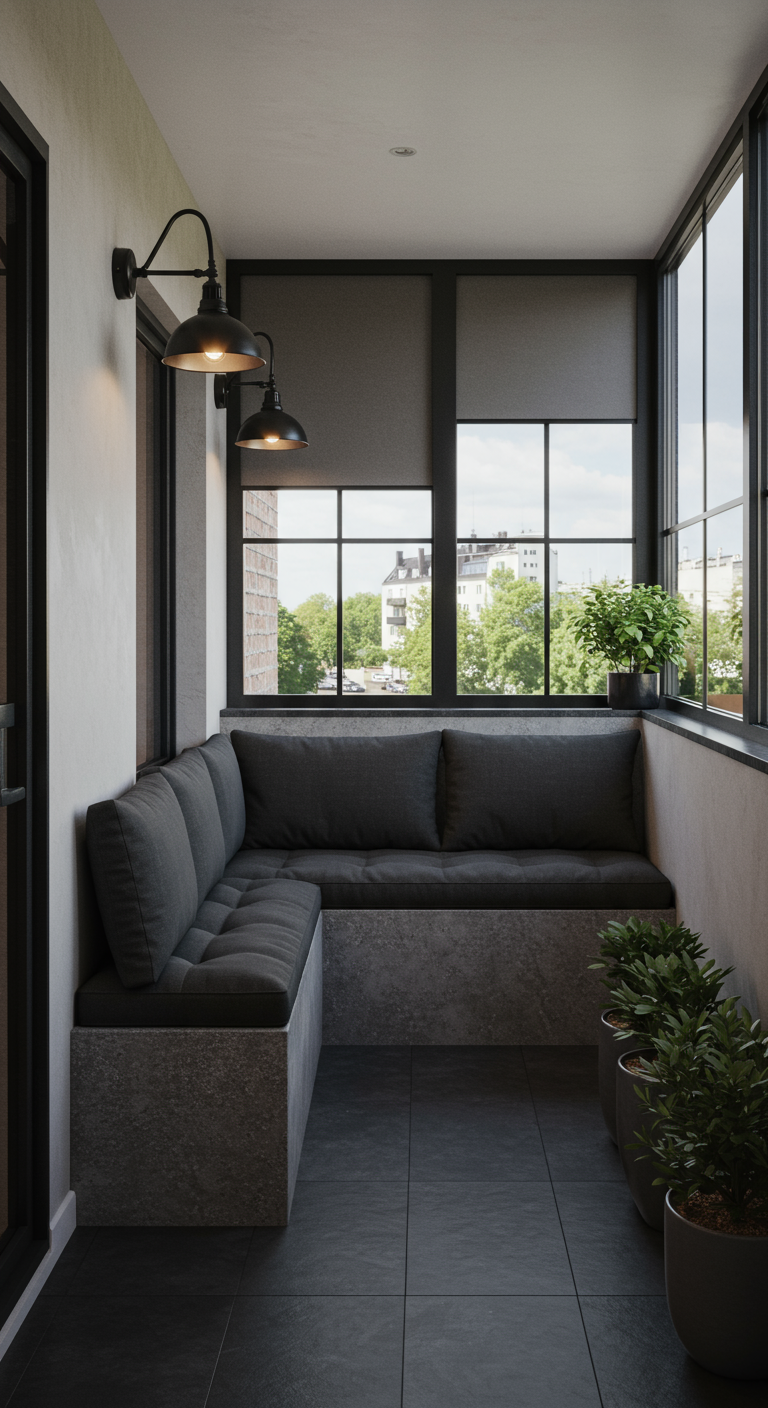 Eingebauter Balkon-Sitzbereich mit dunklen Polstern und großen Fenstern.