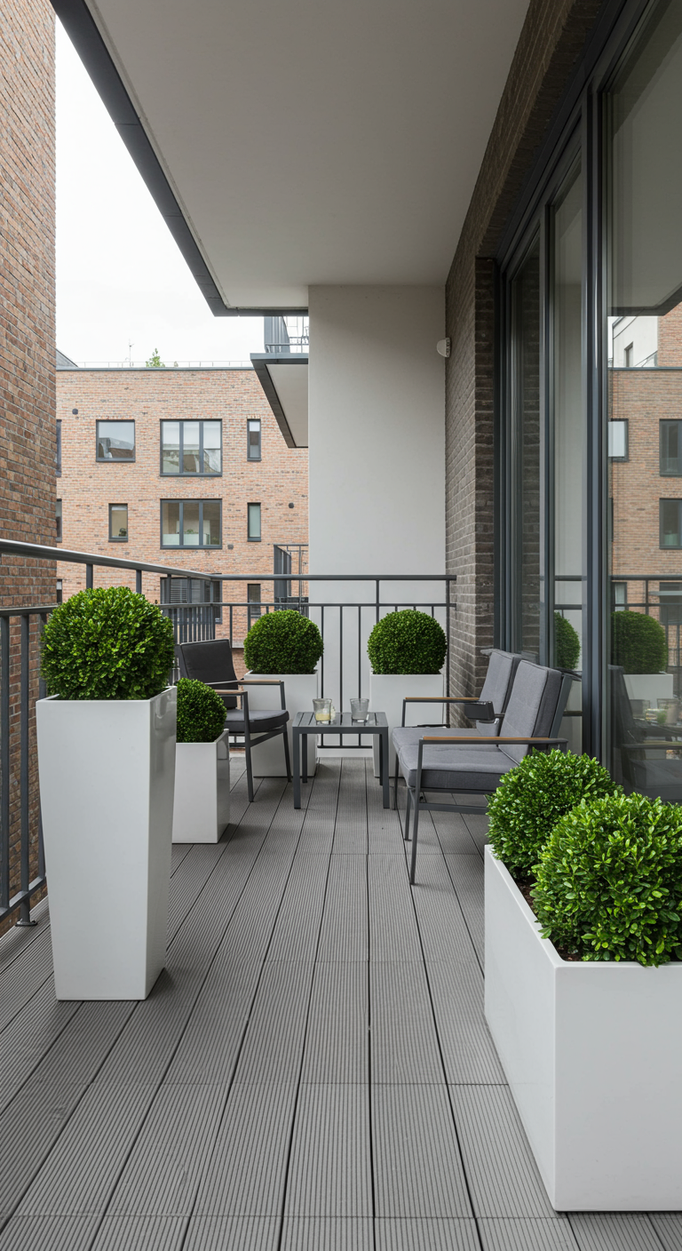 Moderner Balkon mit grauen Dielen, Buchsbaumkugeln in weißen Kübeln und dunklen Möbeln.
