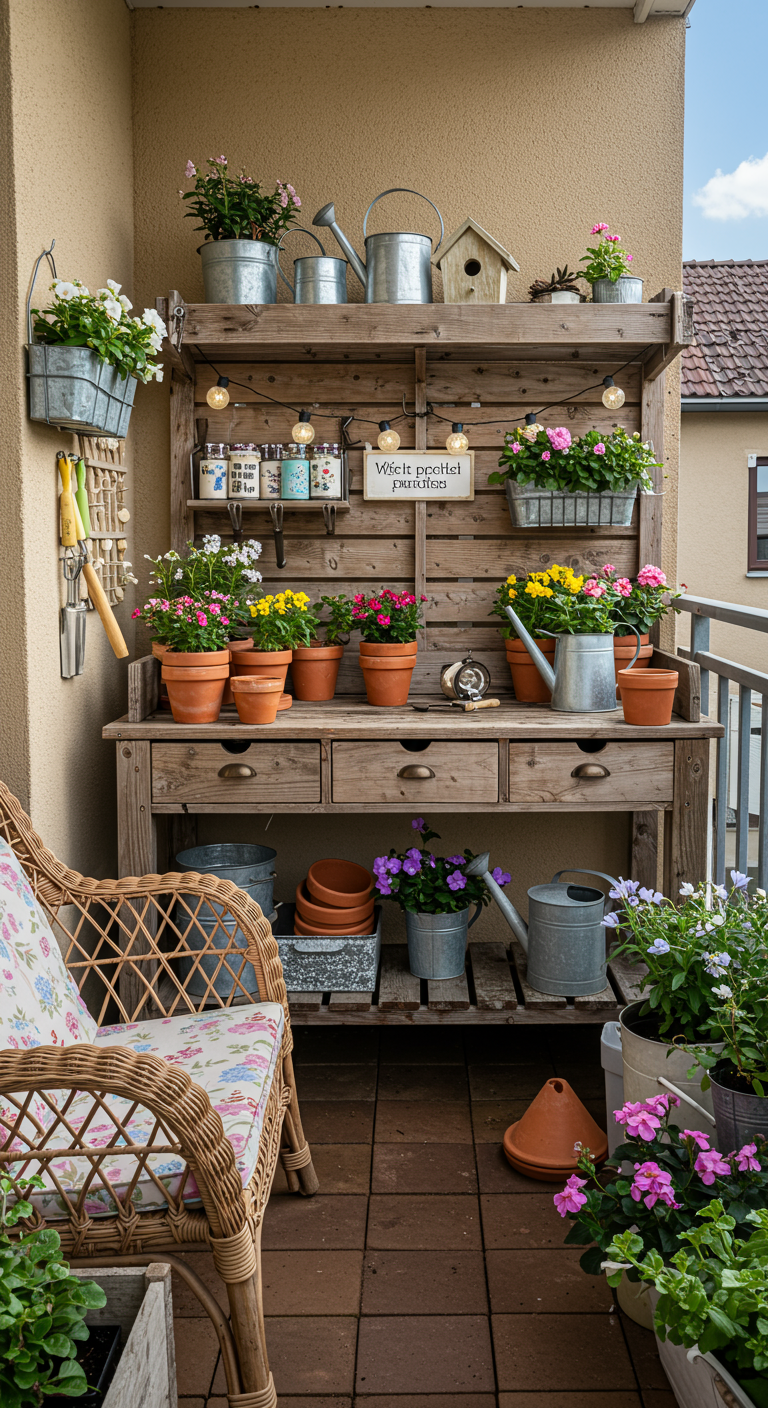 Holz-Pflanztisch auf einem Balkon mit Schubladen und Regalen für Gartenzubehör und Blumen.
