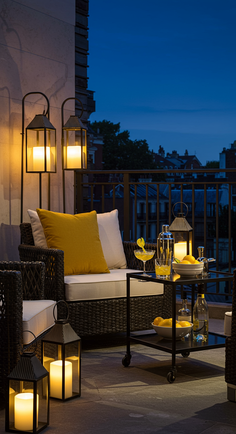 Abendliche Balkon-Lounge mit dunklen Möbeln, gelben Kissen und vielen Laternen.