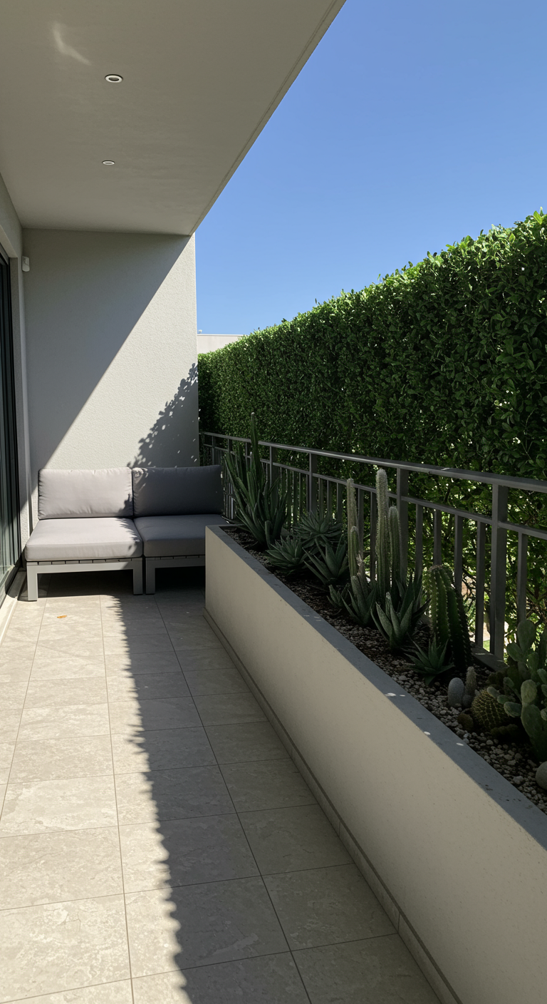 Langer Balkon mit einem Pflanzbeet voller Kakteen als Sichtschutz.