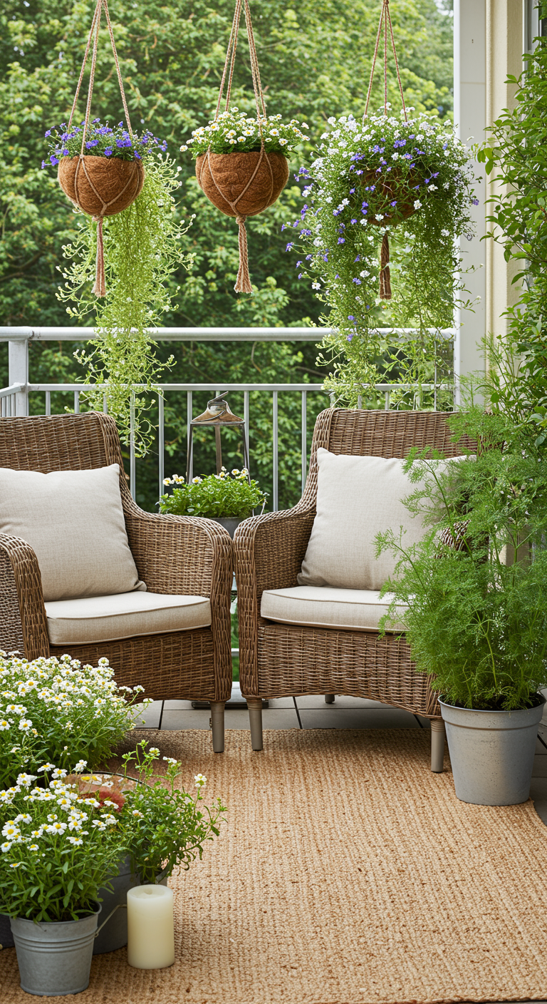 Balkon mit Hängeampeln aus Kokosfaser, Korbsesseln und Jute-Teppich.