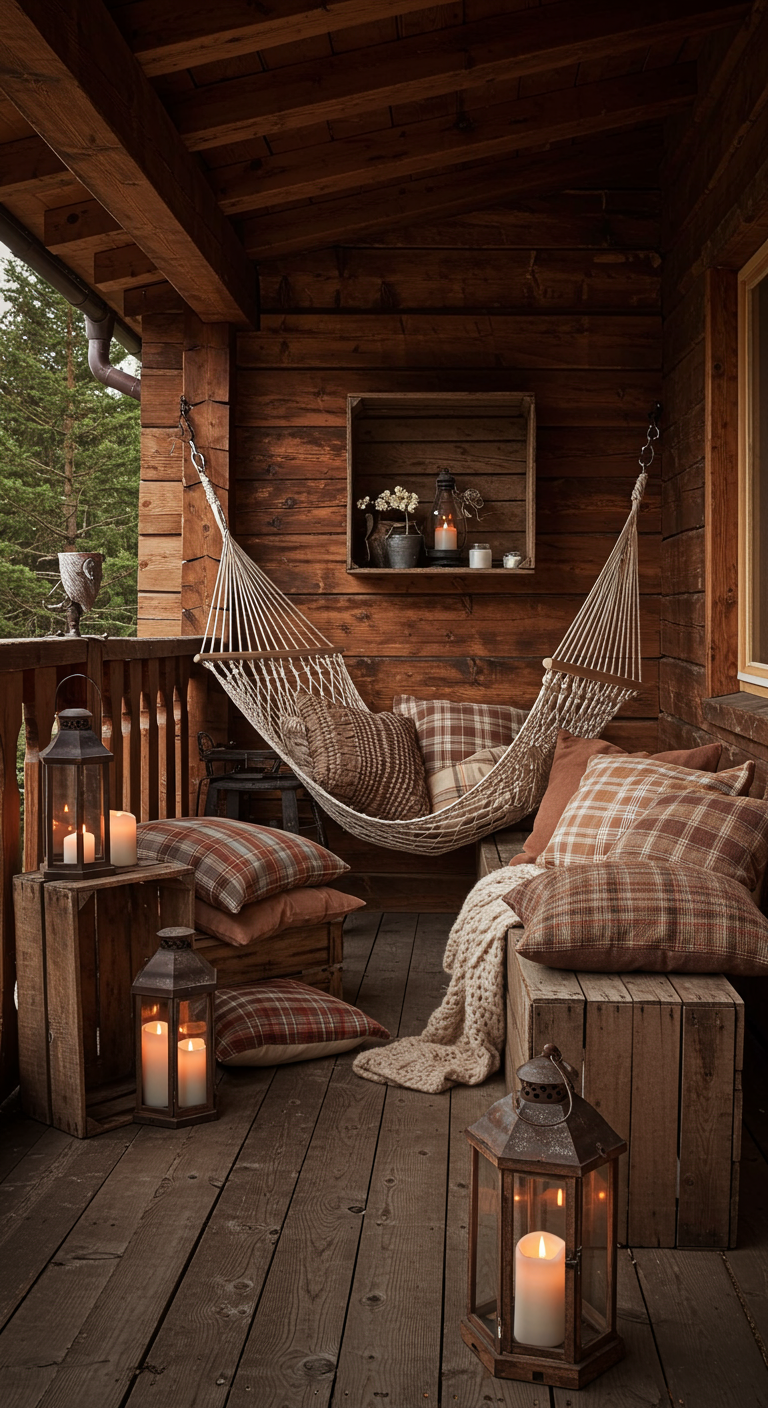 Rustikaler Holzbalkon mit Hängematte, karierten Kissen und Holzkisten-Deko.