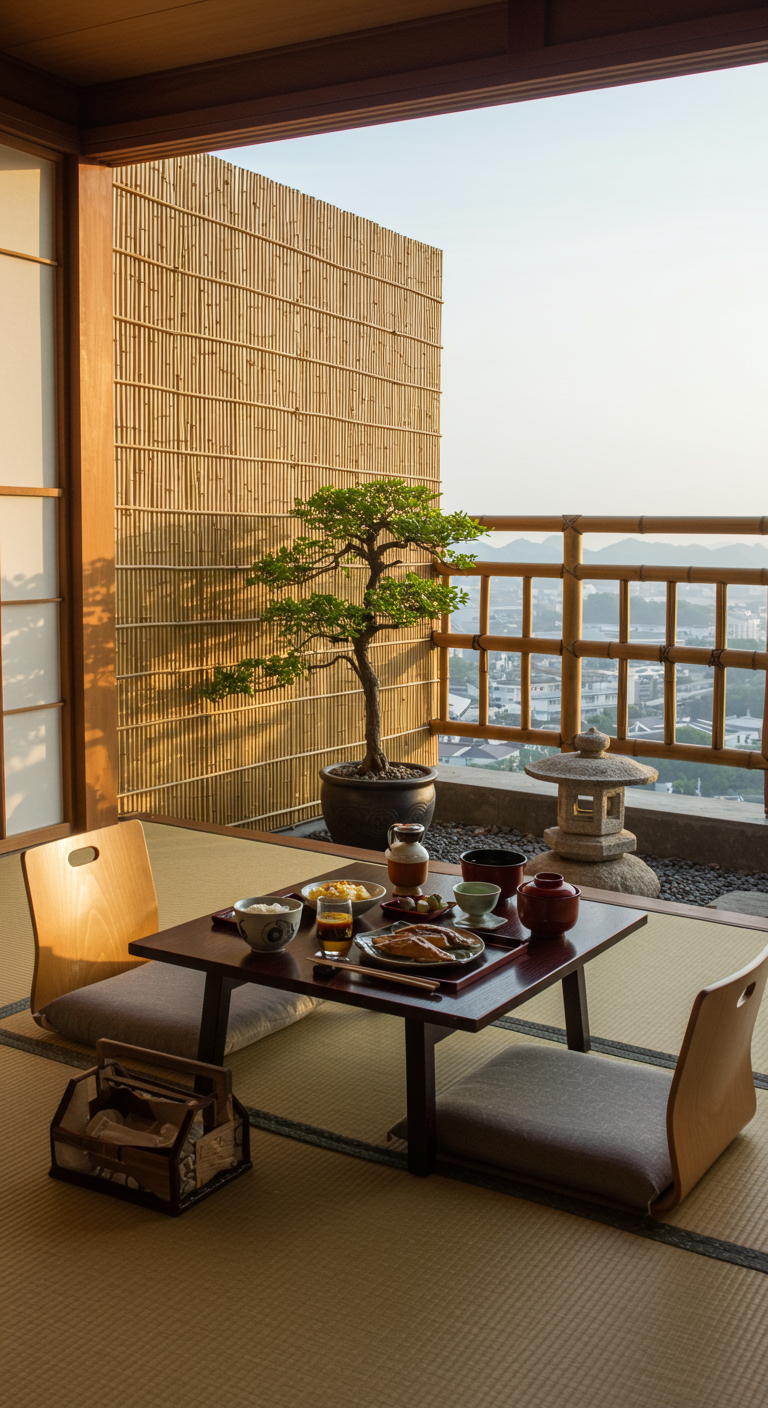Japanisch inspiriertes Frühstück mit niedrigem Tisch und Bonsai auf einem Balkon mit Bambusverkleidung.