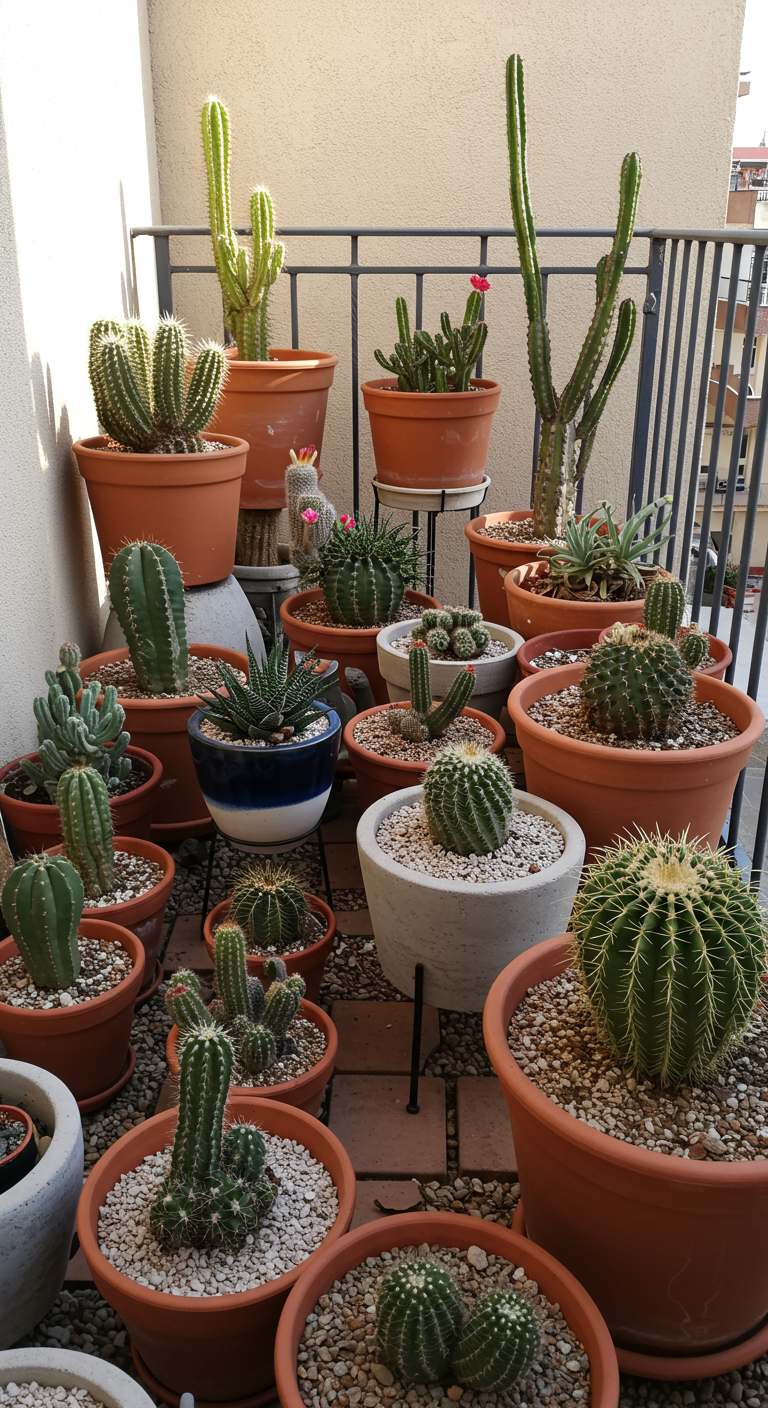Sammlung verschiedener Kakteen und Sukkulenten in Tontöpfen auf einem sonnigen Balkon.