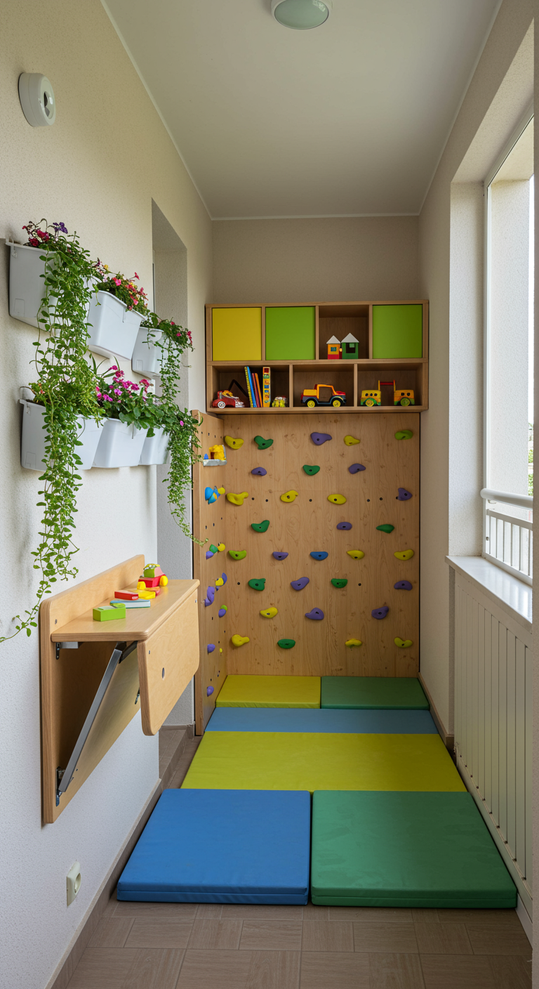 Schmaler Balkon mit Kinderkletterwand, Fallschutzmatten und Klapptisch.