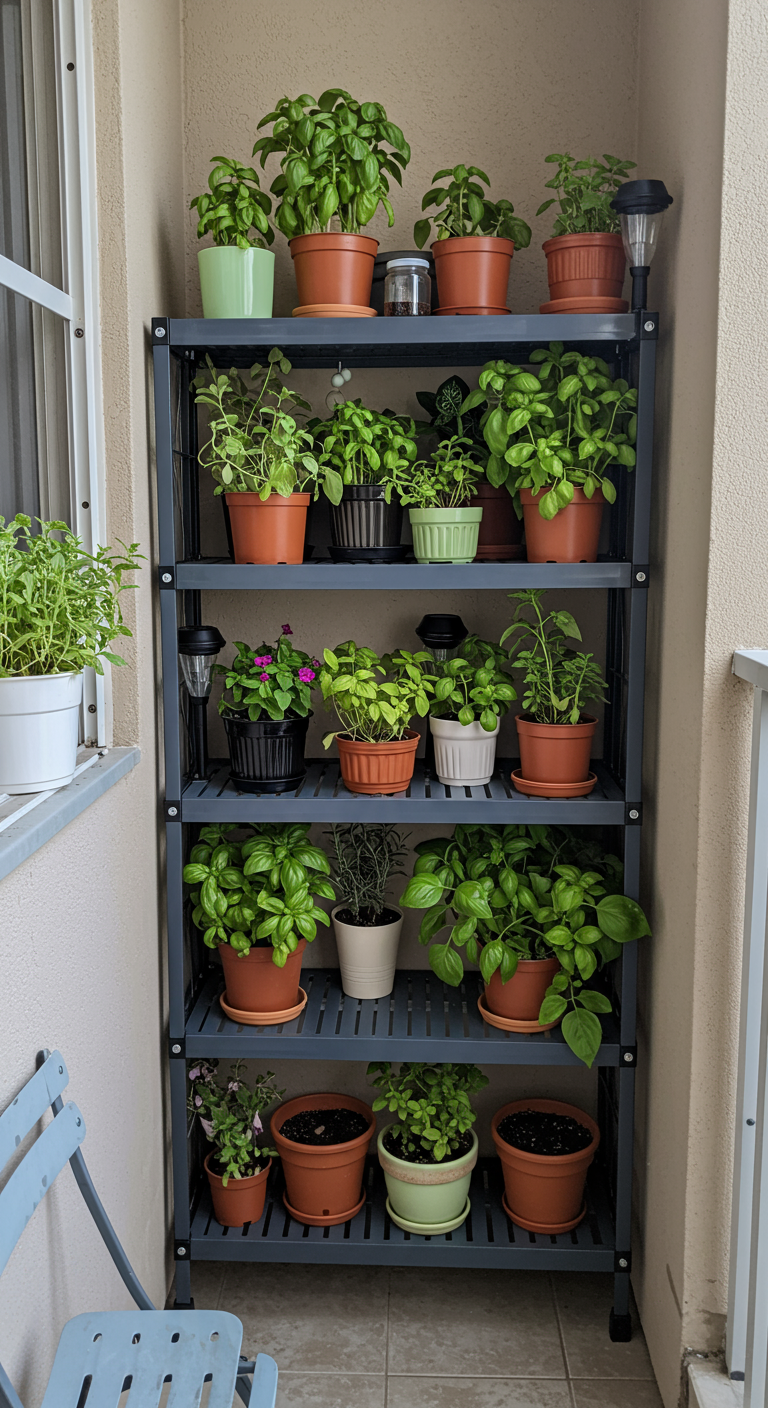 Hohes, schmales graues Regal voller Kräuter in Terrakotta-Töpfen auf kleinem Balkon.