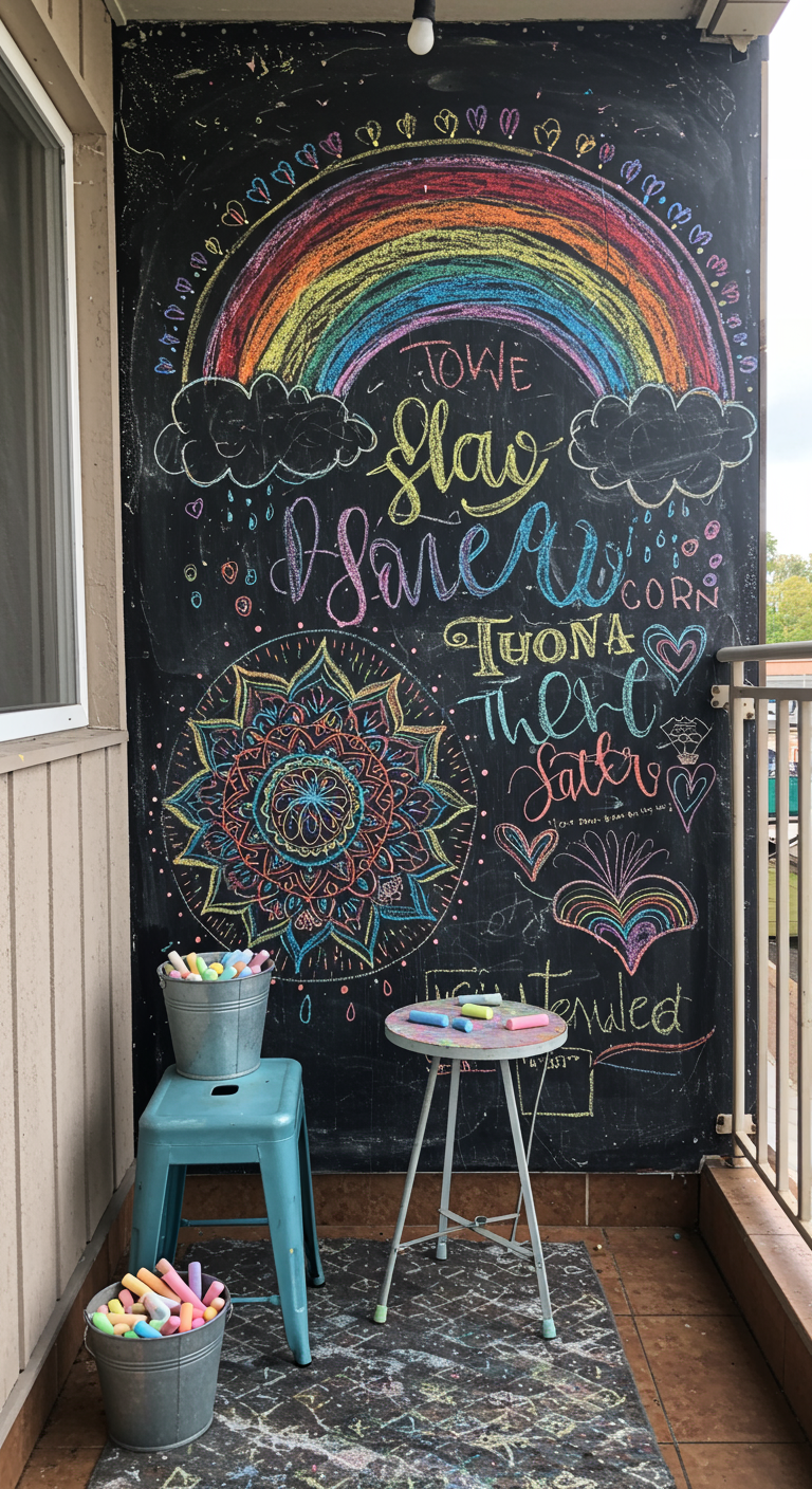Große Tafelwand auf einem Balkon, bemalt mit einem bunten Regenbogen und Schriftzügen in Kreide.
