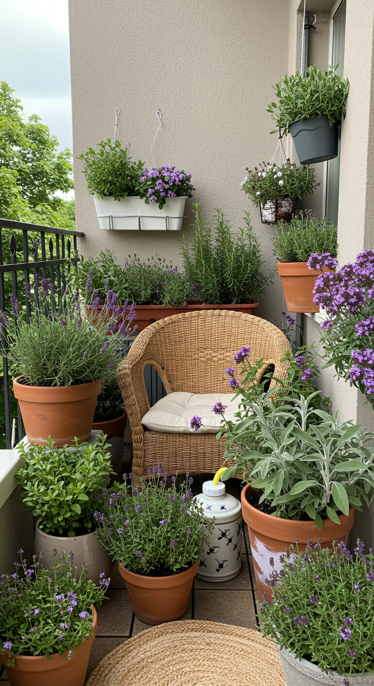 Gemütlicher Balkon mit Korbsessel, umgeben von vielen Kräutern in Terrakotta-Töpfen.
