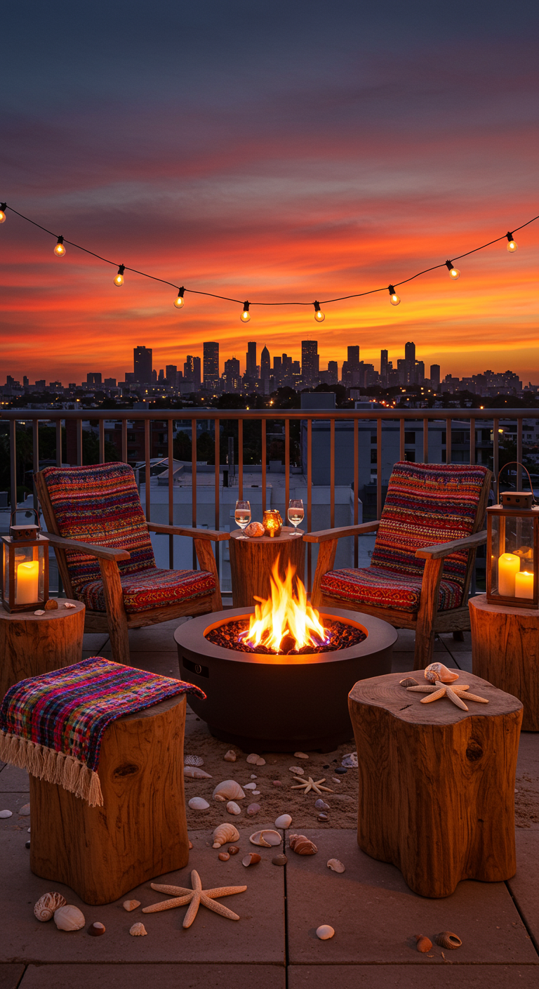 Dachterrasse mit Feuerschale, Holzhockern und Lichterketten bei Sonnenuntergang.