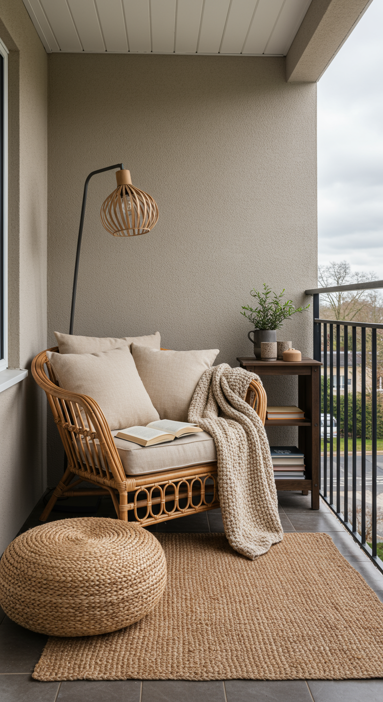 Gemütliche Leseecke auf Balkon mit Rattansessel, Strickdecke und Jute-Teppich.
