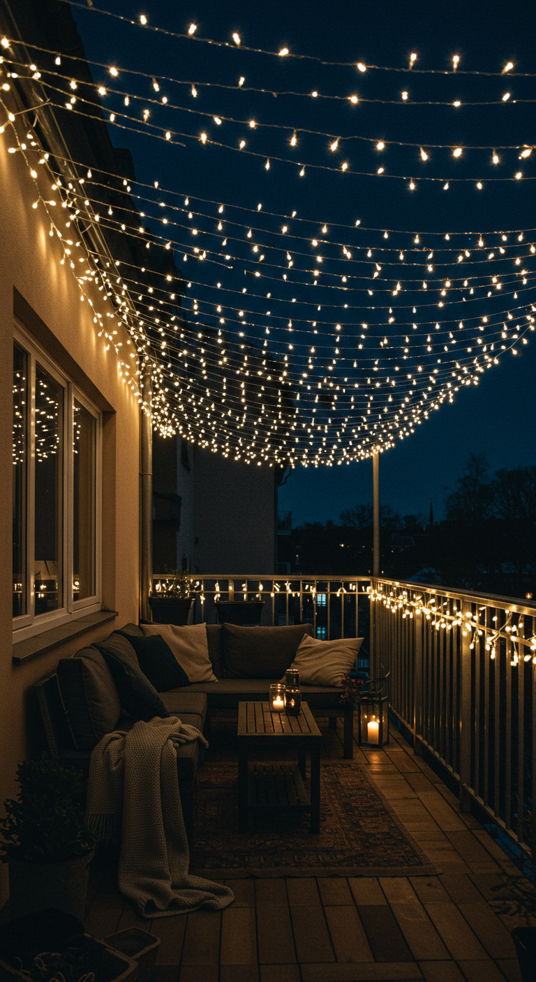 Balkon mit überdachtem Lichterketten-Himmel, Sitzgruppe und Kerzen bei Nacht.