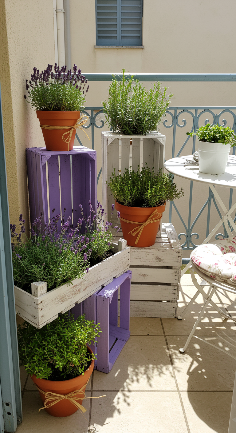 Balkon mit lila und weiß gestrichenen Holzkisten, Lavendel und Kräutern in Terrakotta-Töpfen.