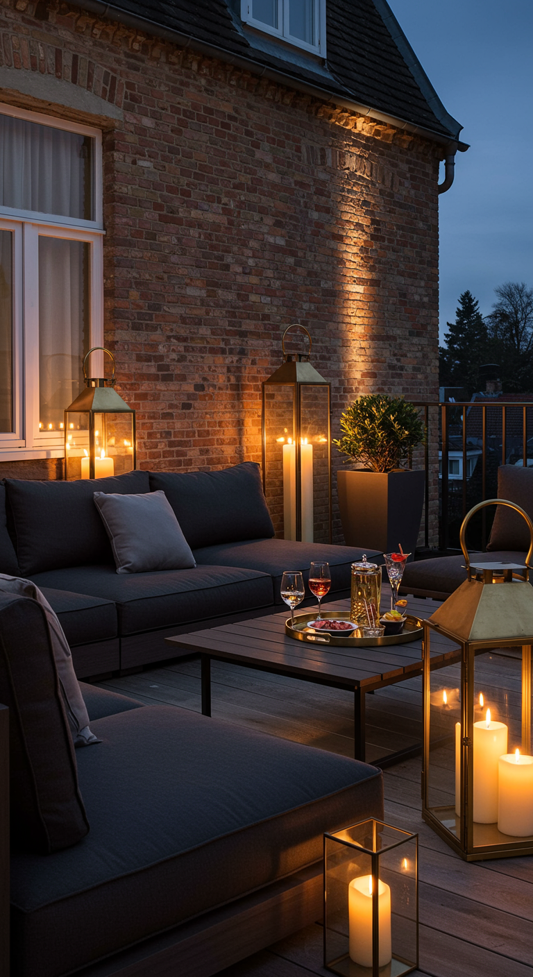 Großzügiger Balkon mit Lounge-Möbeln und mehreren großen, goldenen Laternen bei Nacht.