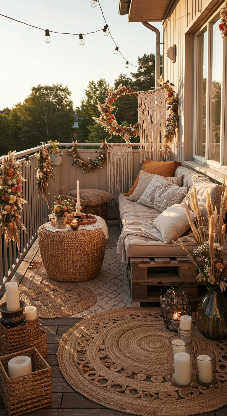 Balkon im Boho-Stil mit Palettensofa, Makramee, Trockenblumenkränzen und Jute-Teppichen.