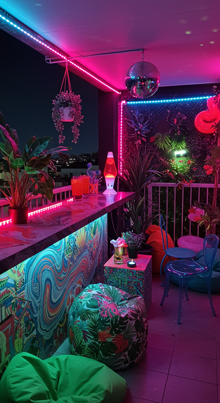 Balkonbar bei Nacht mit bunten LED-Lichtern, Discokugel, Sitzsäcken und tropischen Pflanzen.