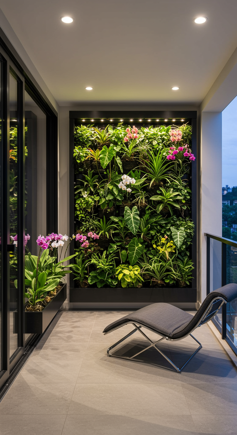 Elegante vertikale Pflanzenwand mit blühenden Orchideen und tropischen Pflanzen.