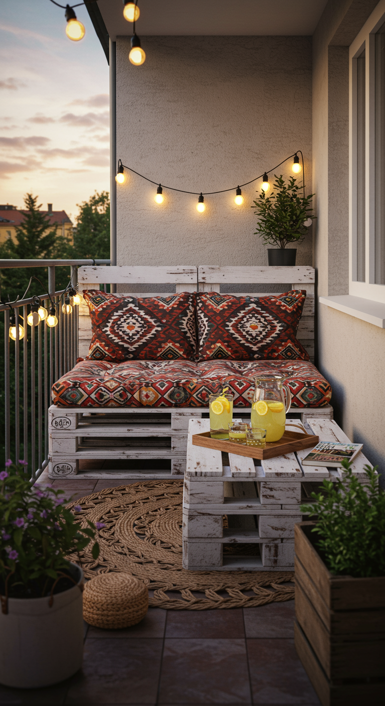 Gemütliche Balkon-Lounge aus Paletten mit Ethno-Kissen und Lichterkette.