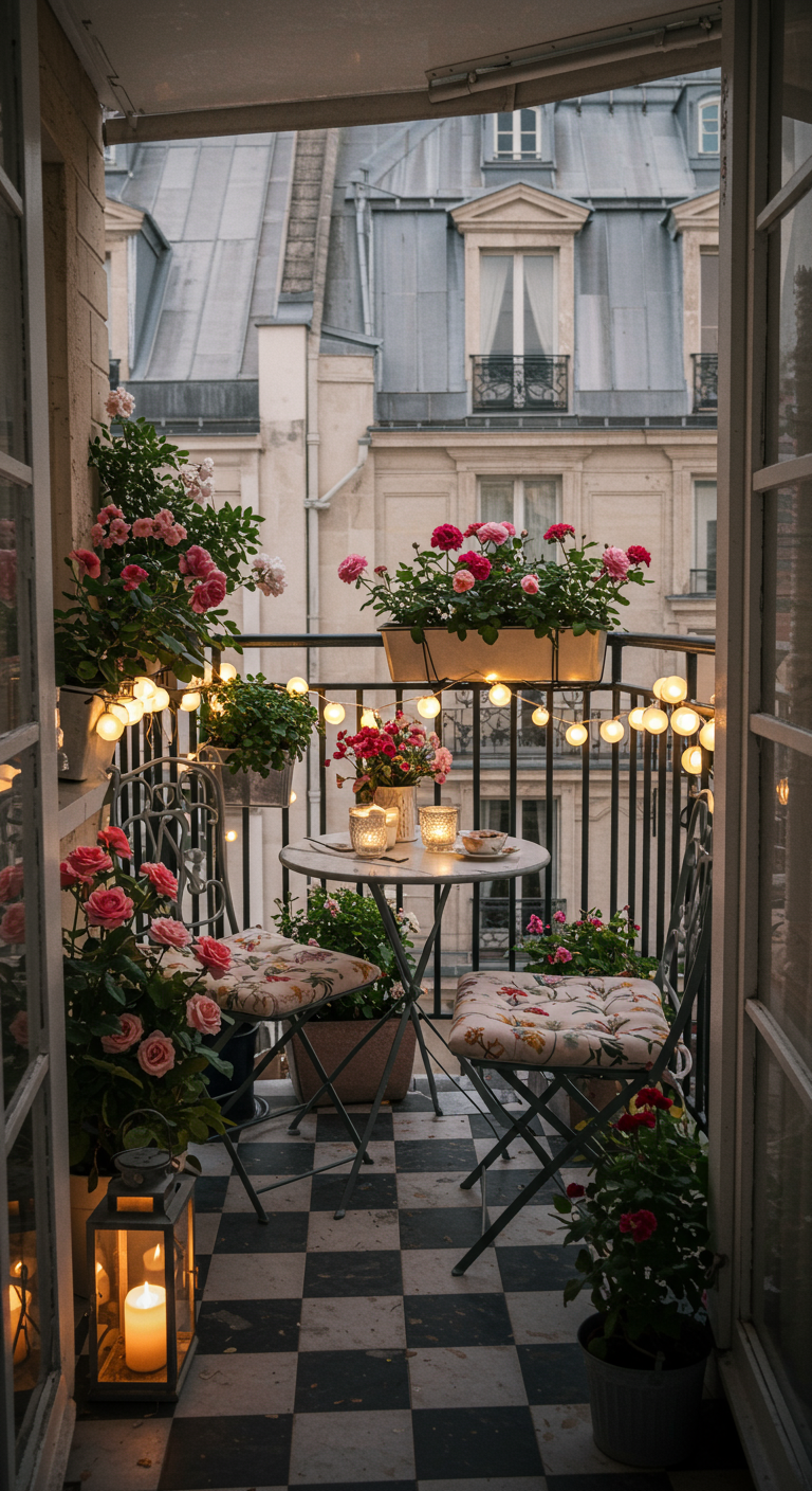 Romantischer Pariser Eckbalkon mit Bistro-Set, Rosen und Lichterketten.