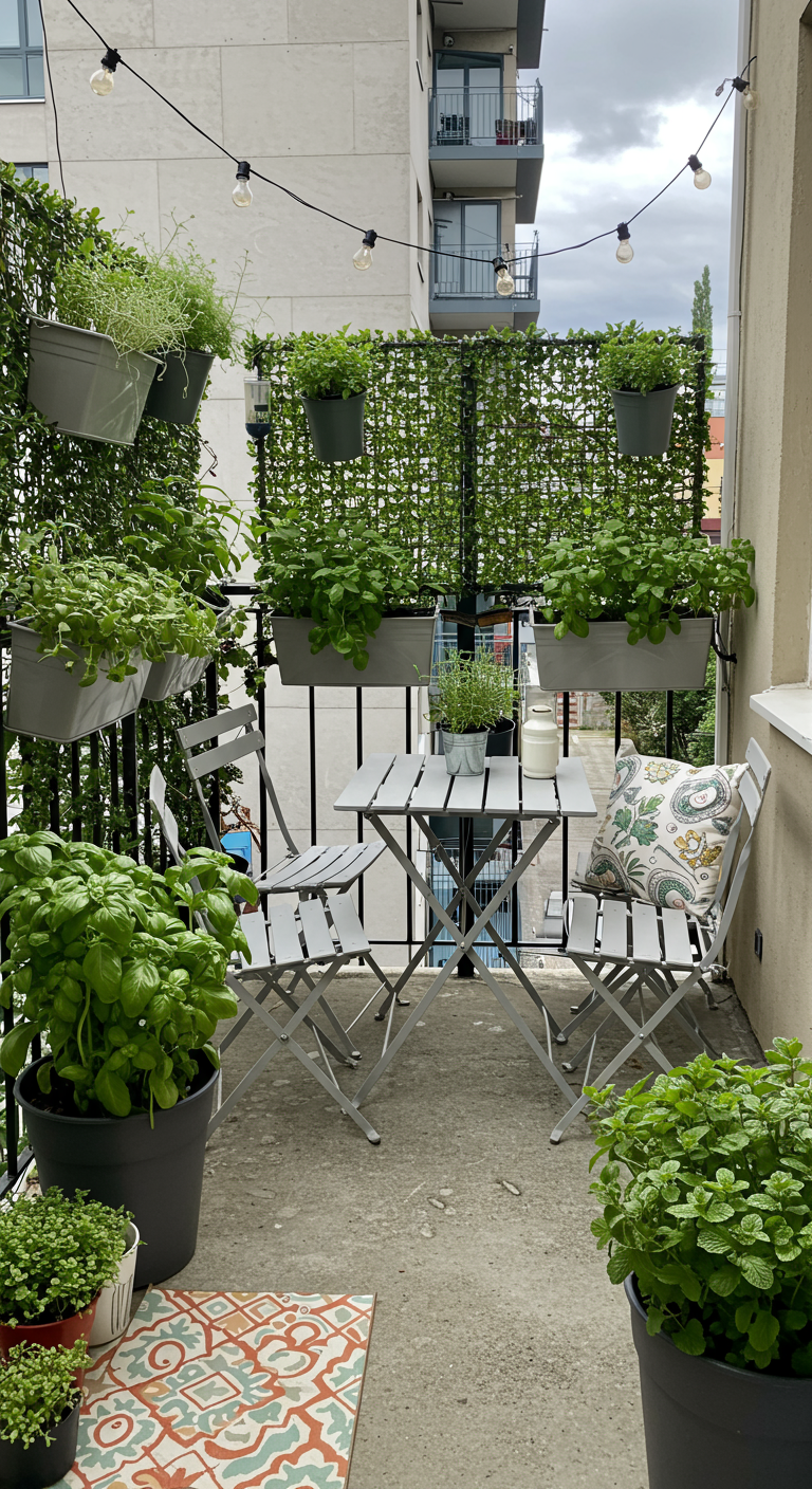 Kleiner Balkon mit Bistro-Set, vertikalem Kräutergarten und gemustertem Teppich.