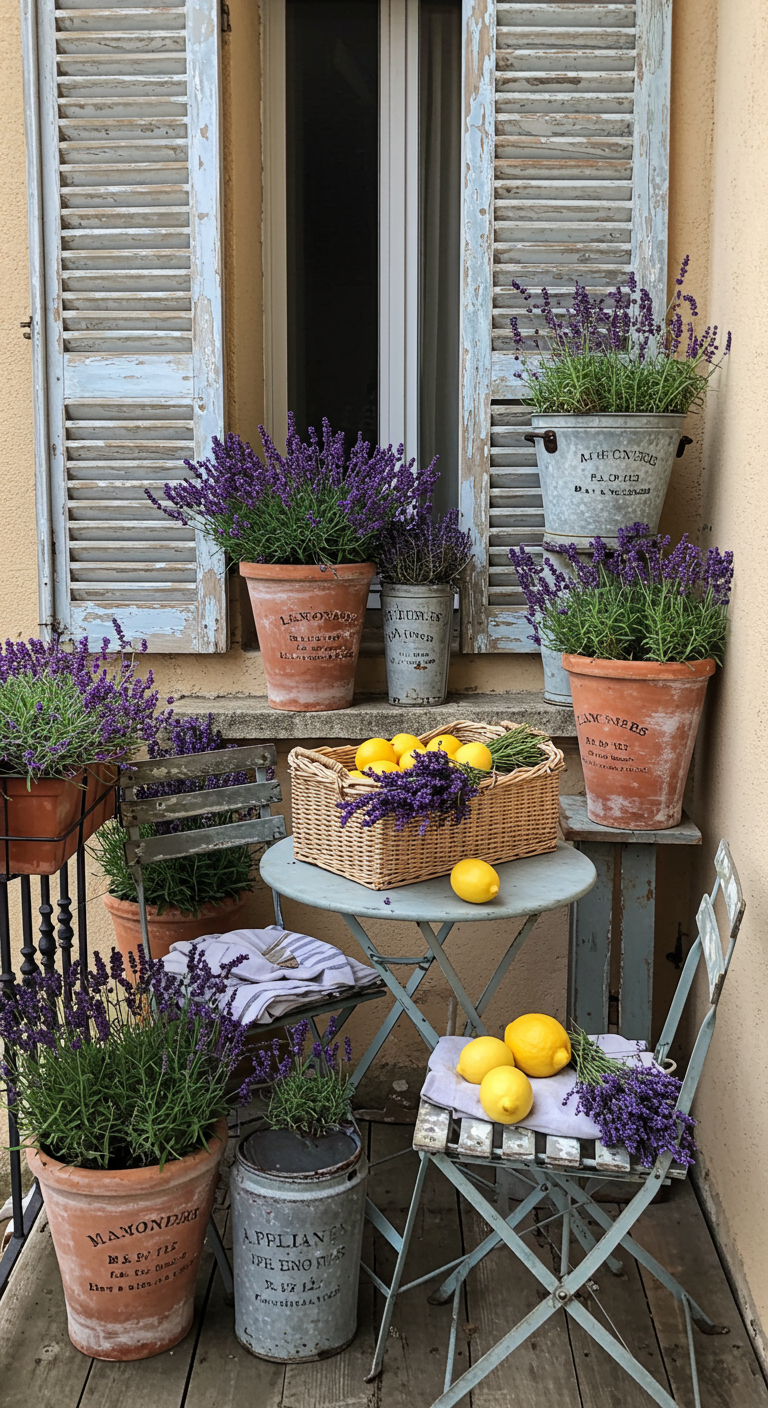 Balkon im Provence-Stil mit Vintage-Möbeln, Lavendel und Zitronen.