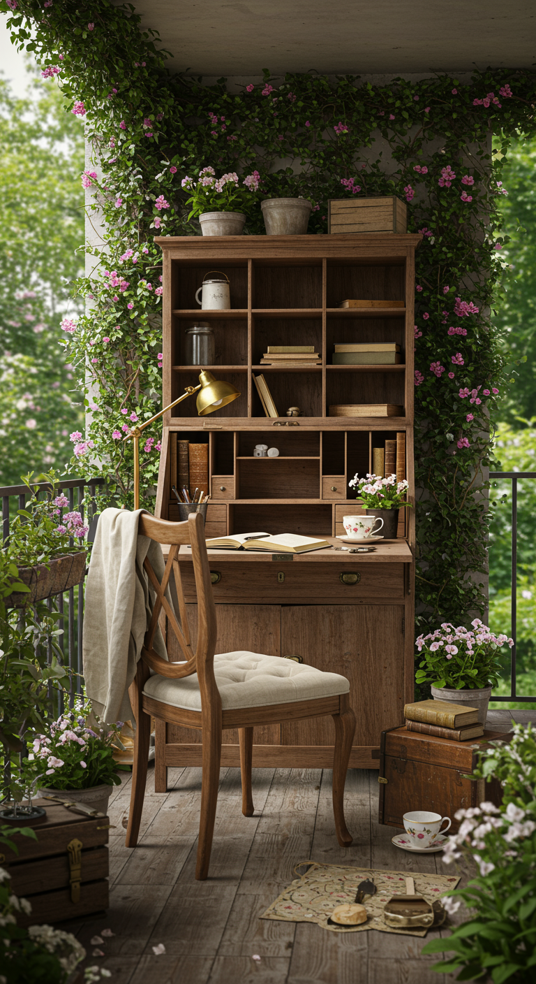 Romantischer Balkon-Arbeitsplatz mit Holzsekretär, umgeben von blühenden Kletterpflanzen.
