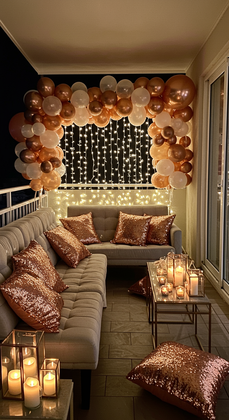 Balkon mit Roségold-Ballonbogen, Lichtervorhang und Paillettenkissen.