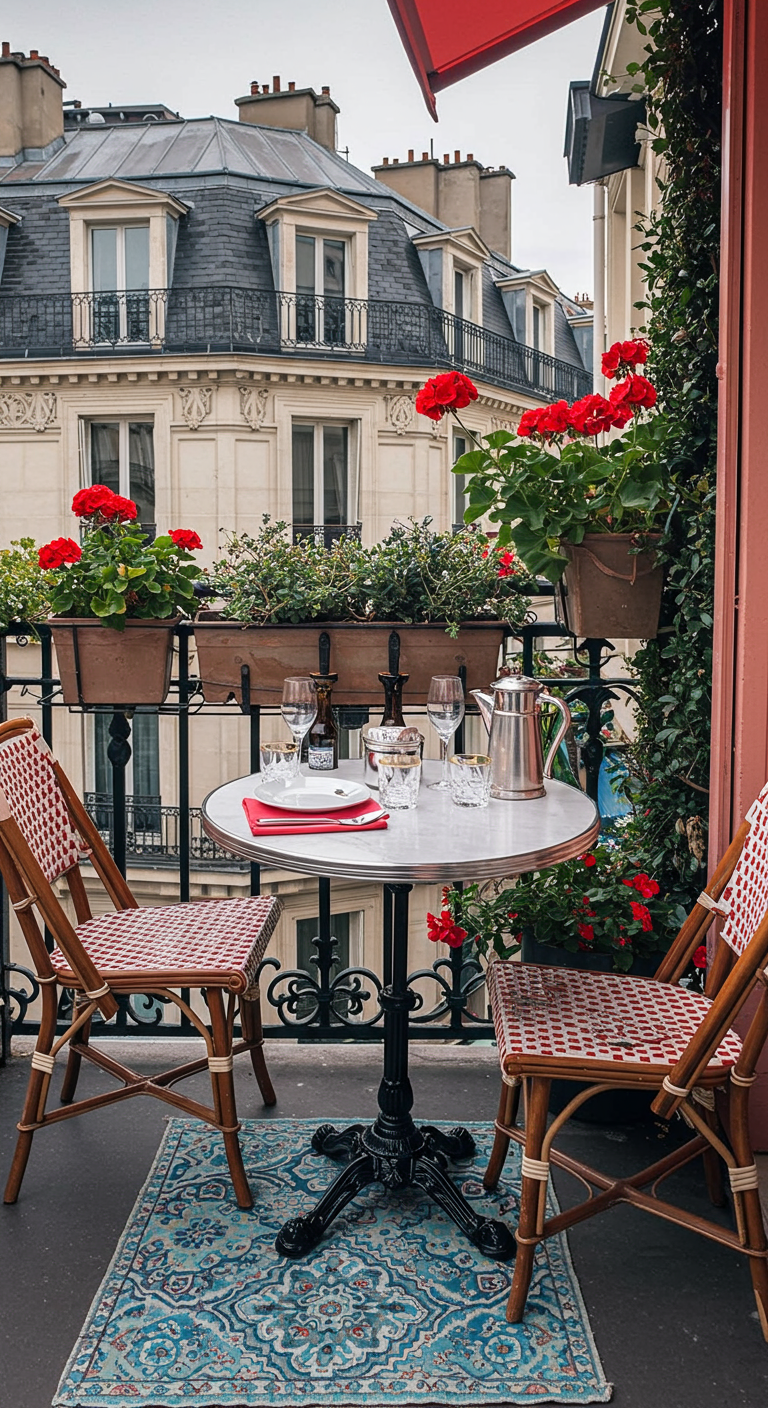 Pariser Balkon mit rundem Bistro-Tisch, Stühlen mit rot-weißem Geflecht und blauem Orientteppich.