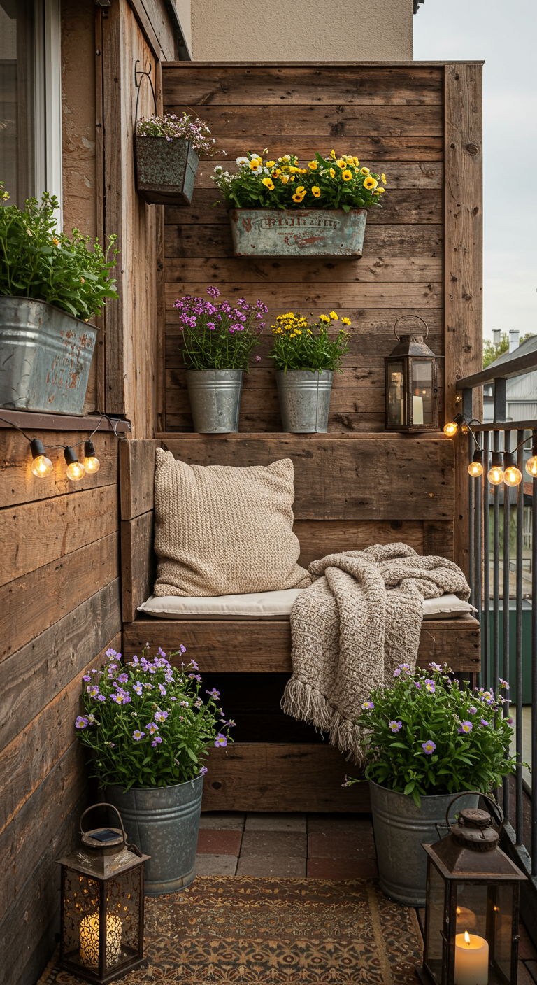 Schmaler Balkon mit rustikaler Holzbank, Zinkgefäßen, Blumen und Laternen.