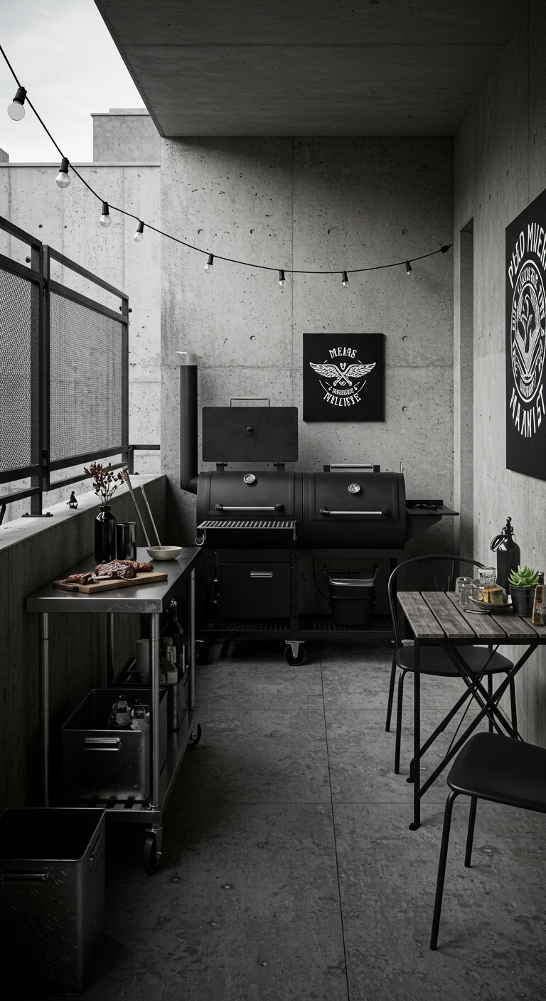 Balkon mit großem schwarzen Smoker-Grill, Betonwänden und Metallmöbeln.