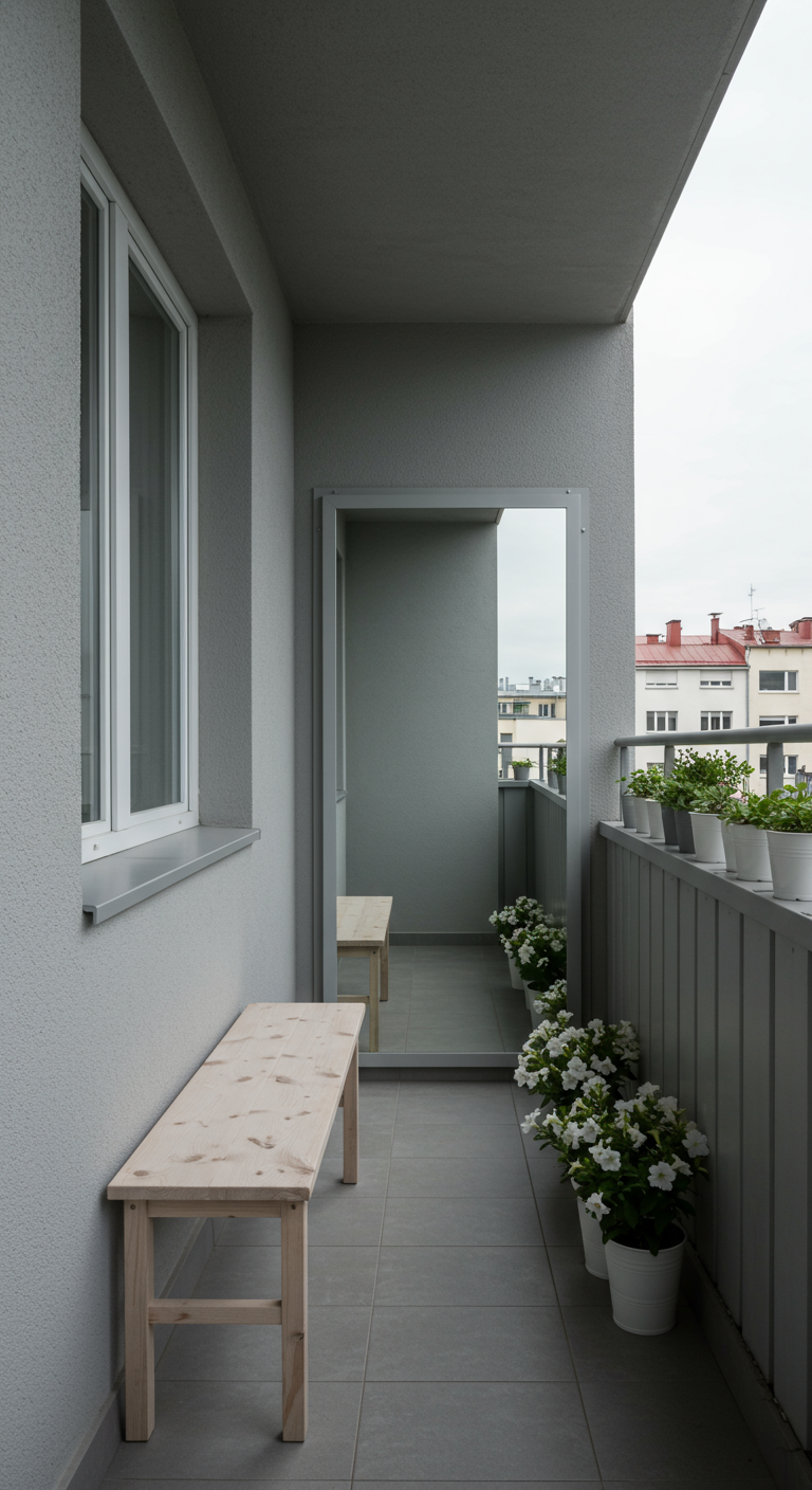 Schmaler Balkon mit Holzbank, weißen Blumen und einem großen Spiegel an der Wand.