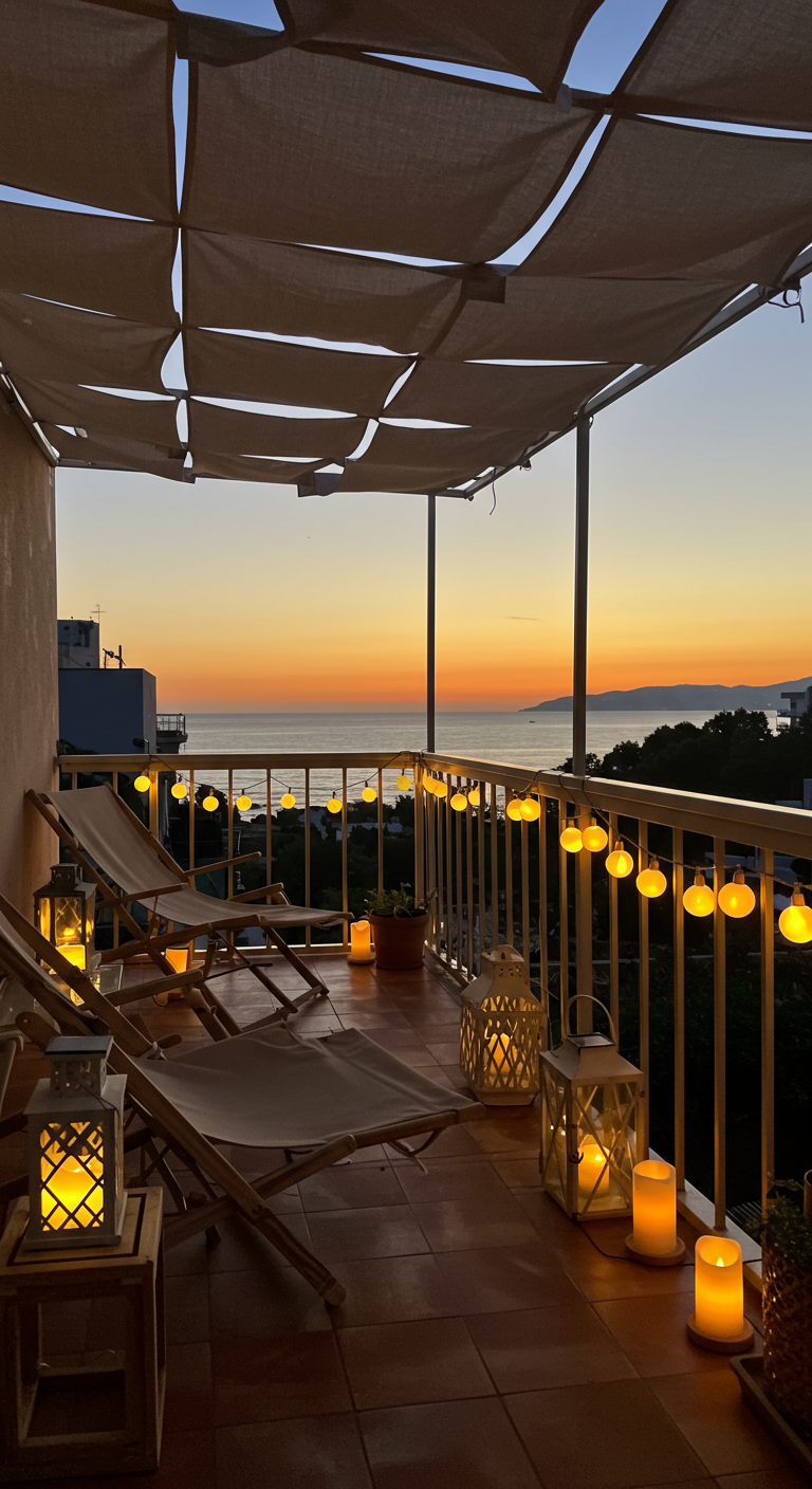 Balkon bei Sonnenuntergang mit Stoffbahnen als Sonnenschutz, Holzliegen und vielen Laternen.