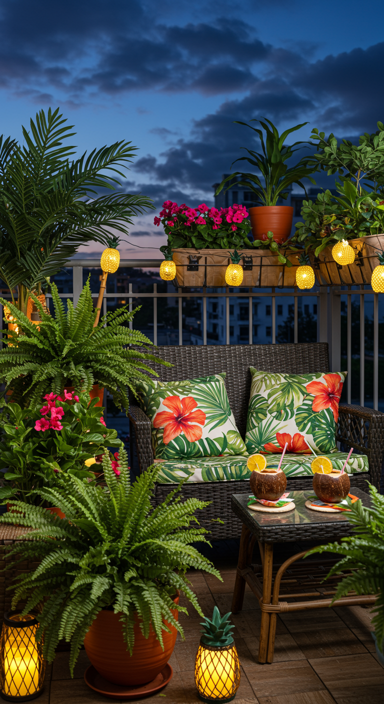 Tropisch dekorierter Balkon mit Rattanmöbeln, Palmen und Ananas-Lichtern.