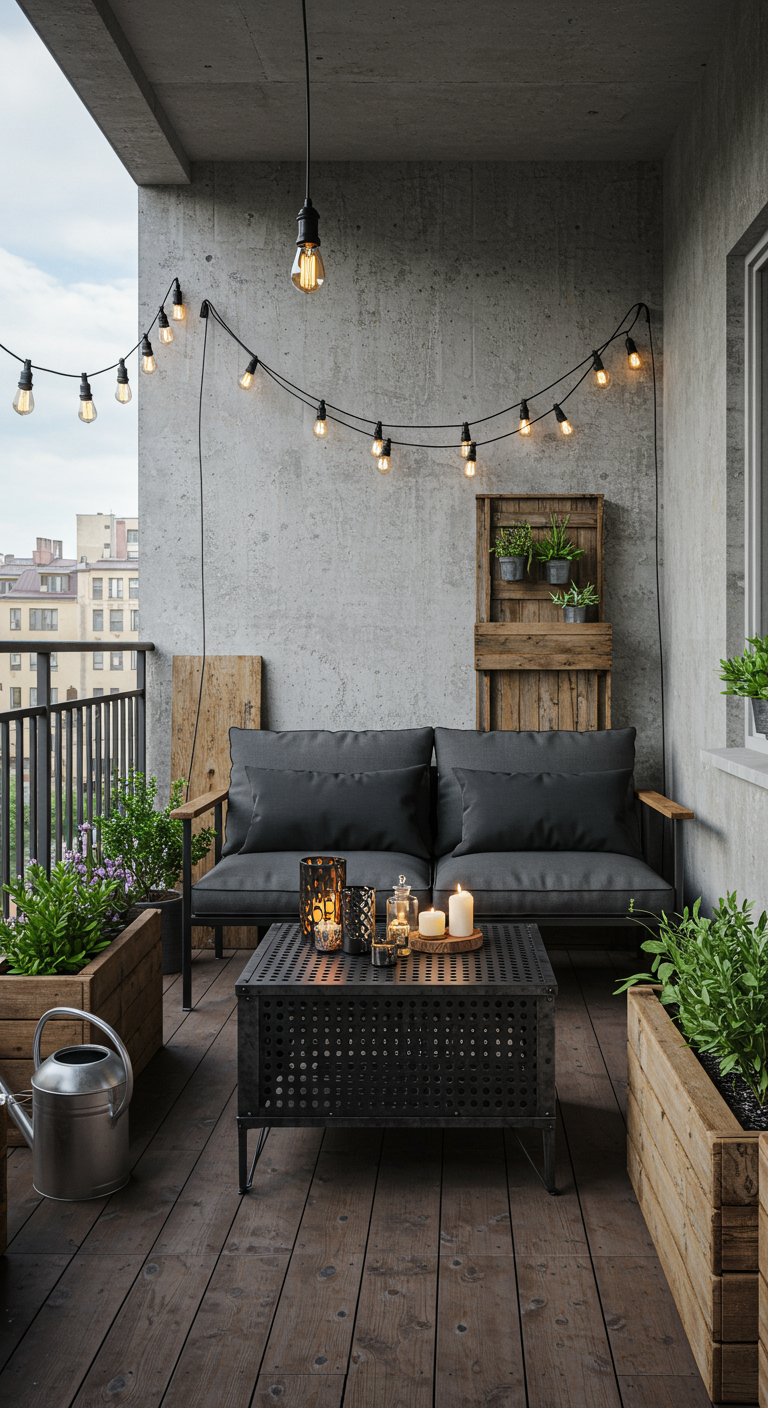 Balkon im Industrial-Stil mit Betonwand, Holzboden, dunklen Möbeln und Lichterkette.