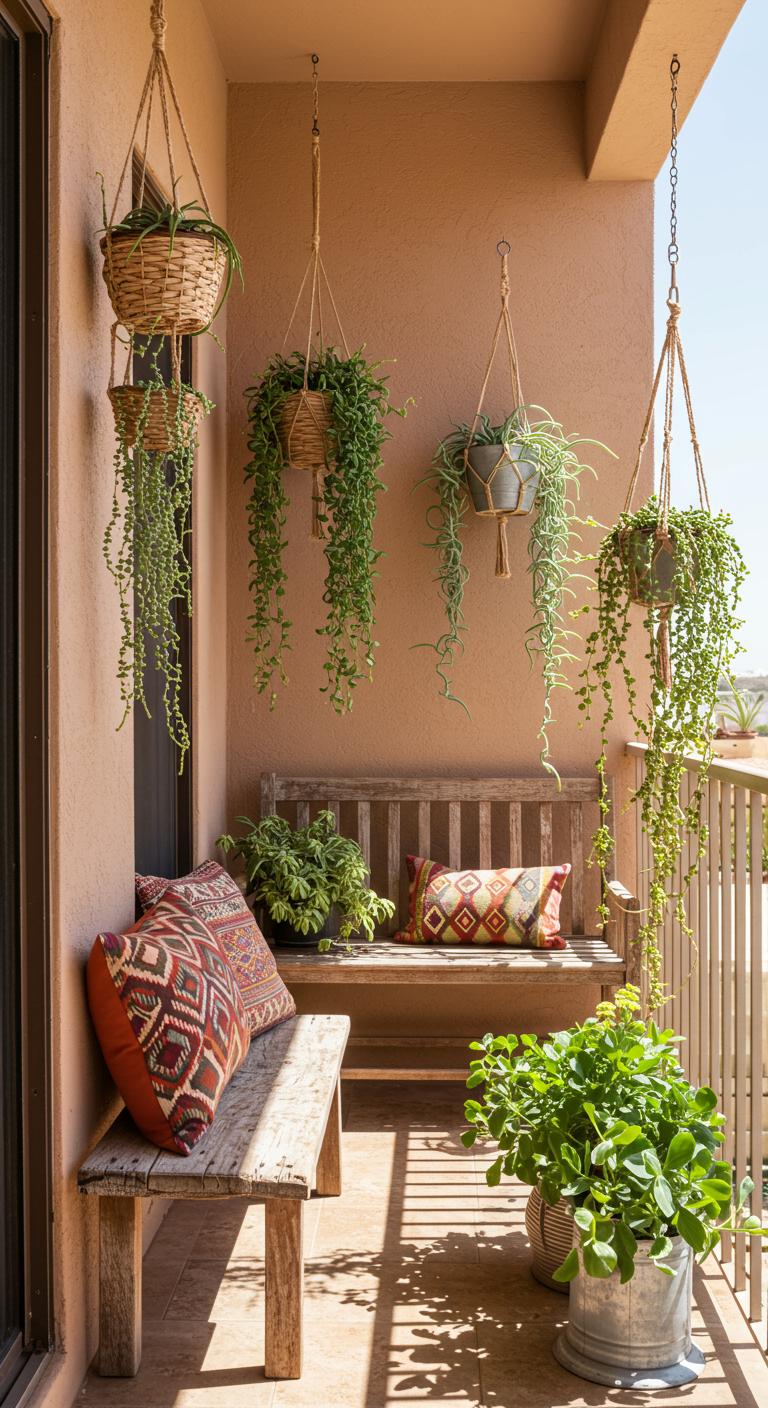 Sonniger Balkon mit Hänge-Sukkulenten in Korbtöpfen und Holzsitzbank.