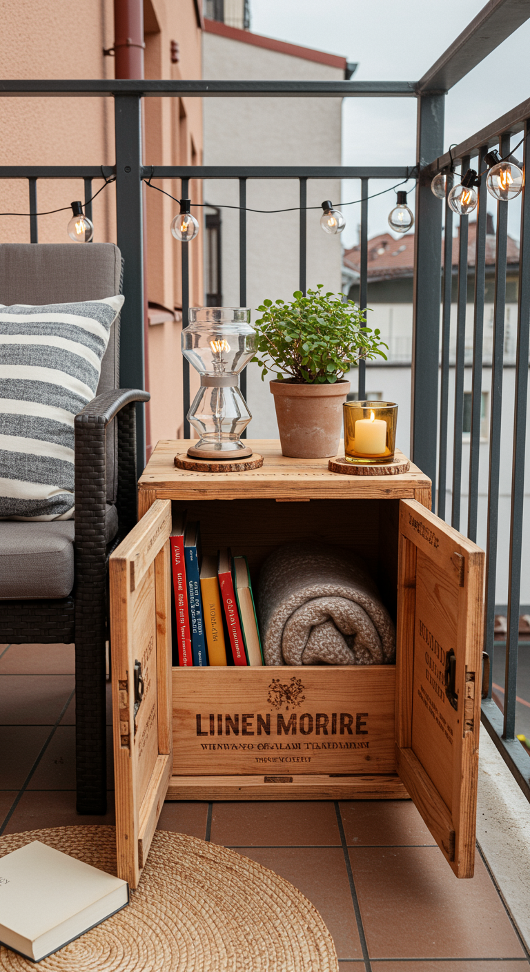 Aufgeklappte Weinkiste als Beistelltisch mit Stauraum für Decke und Bücher.