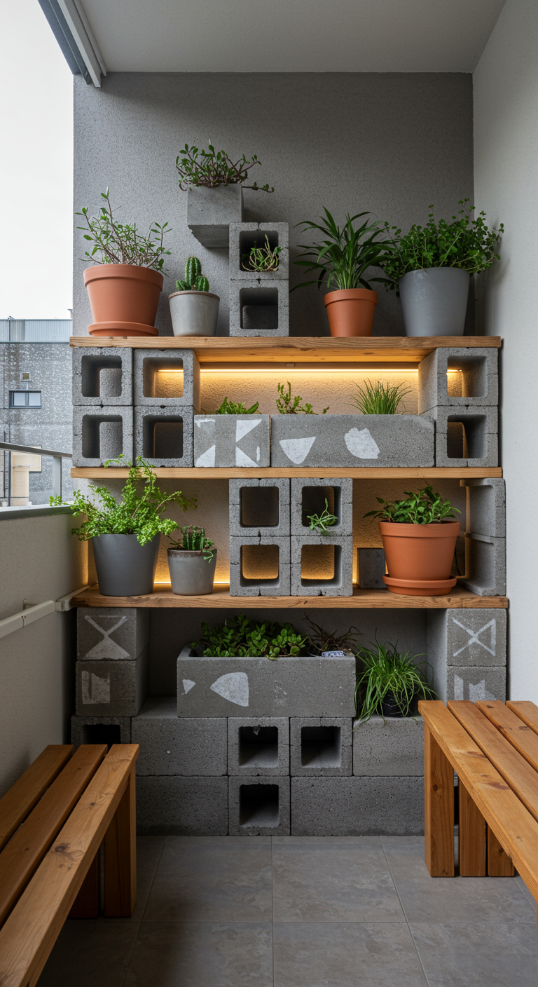 DIY-Pflanzenregal aus Betonsteinen und Holzbrettern mit integrierter Beleuchtung.