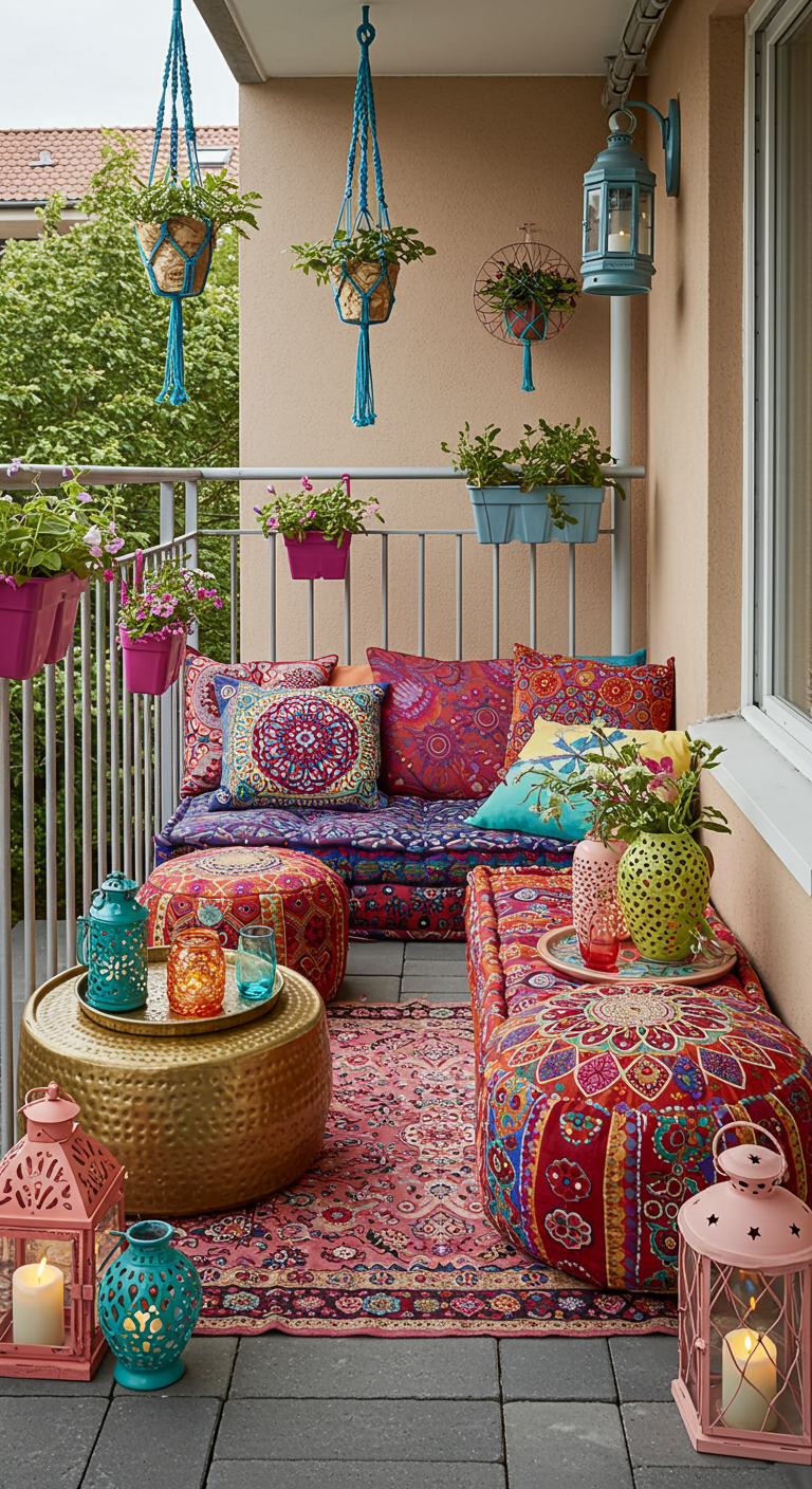Balkon im Boho-Stil mit bunten Bodenkissen, Poufs, Teppich und orientalischen Laternen.