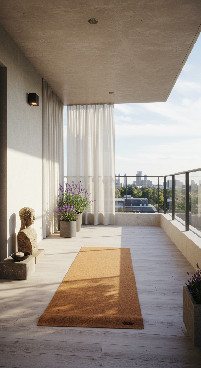 Minimalistischer Balkon mit Yogamatte, Lavendel, Vorhängen und Blick auf die Stadt.