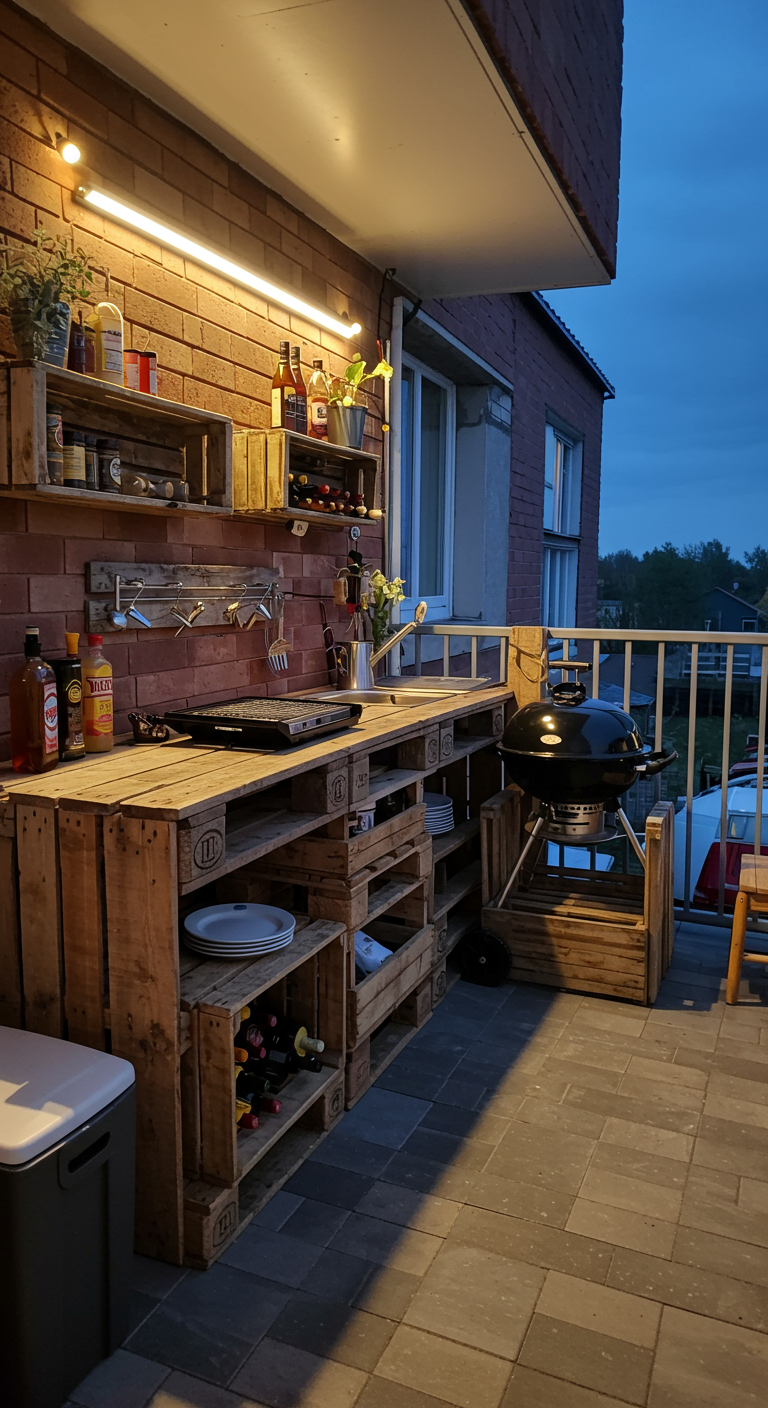 DIY-Außenküche aus Paletten mit Grill, Arbeitsfläche und Regalen an Backsteinwand.