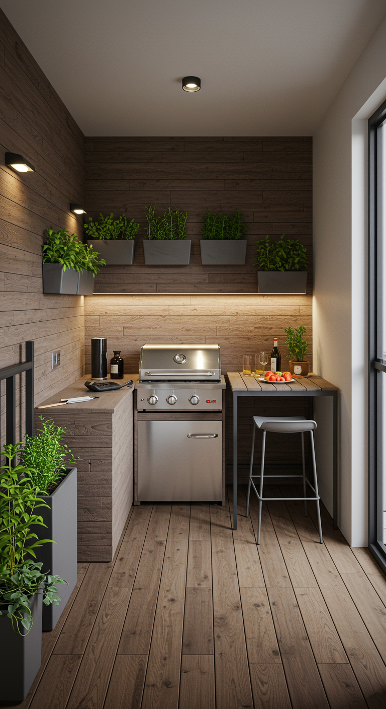 Kompakter Eckbalkon mit Grillstation, Arbeitsfläche und Kräutern an der Holzwand.