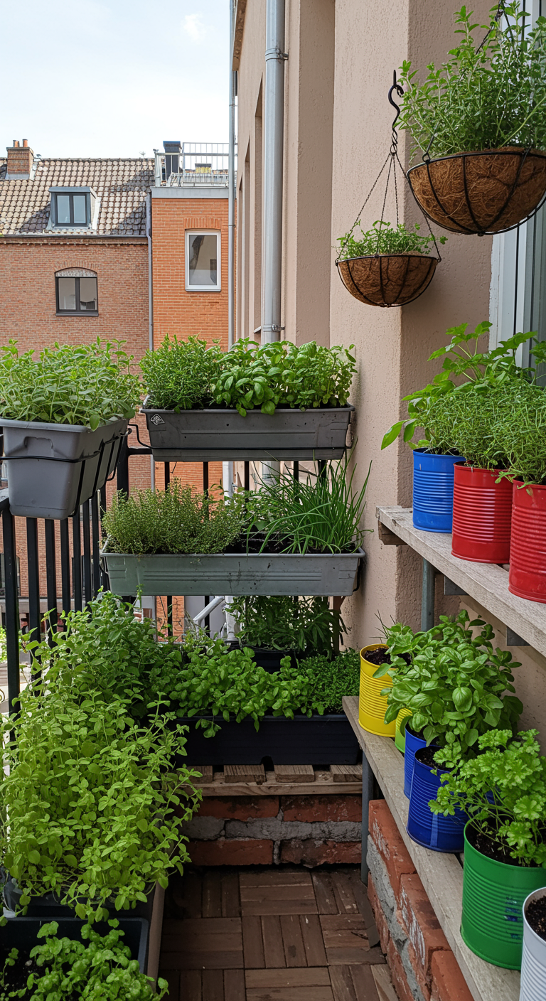 Schmaler Balkon mit Kräutern in bunten Dosen auf einem Ziegelregal und in gestapelten Blumenkästen.