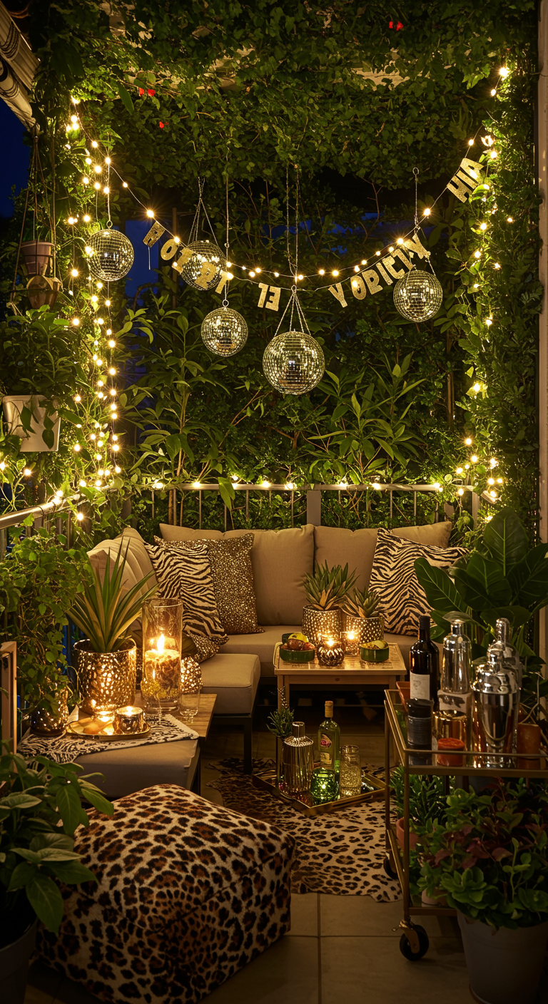 Üppig bepflanzter Balkon mit Discokugeln und Animal-Print-Deko für Silvester.