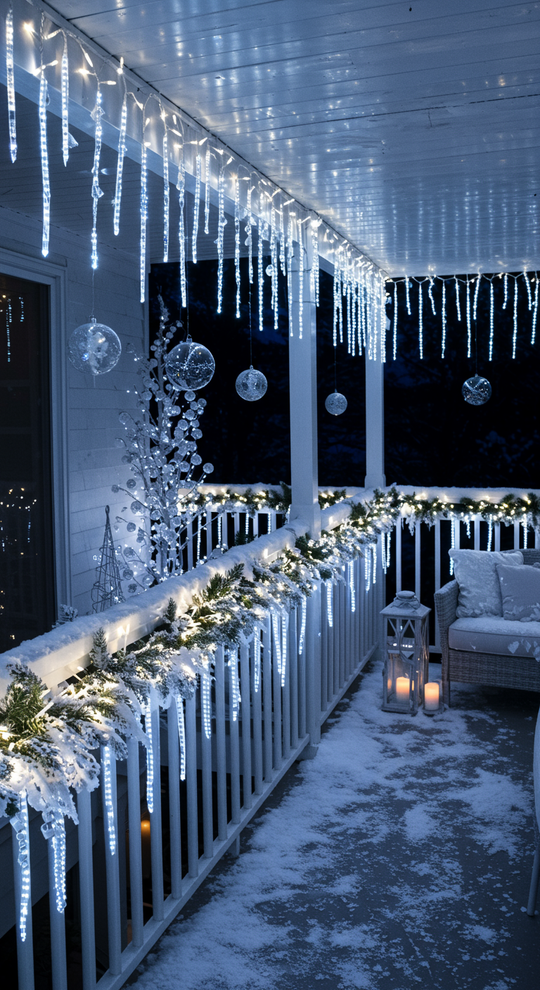 Balkon mit vielen kalten LED-Eiszapfenlichtern, weißen Dekoelementen und Schnee.